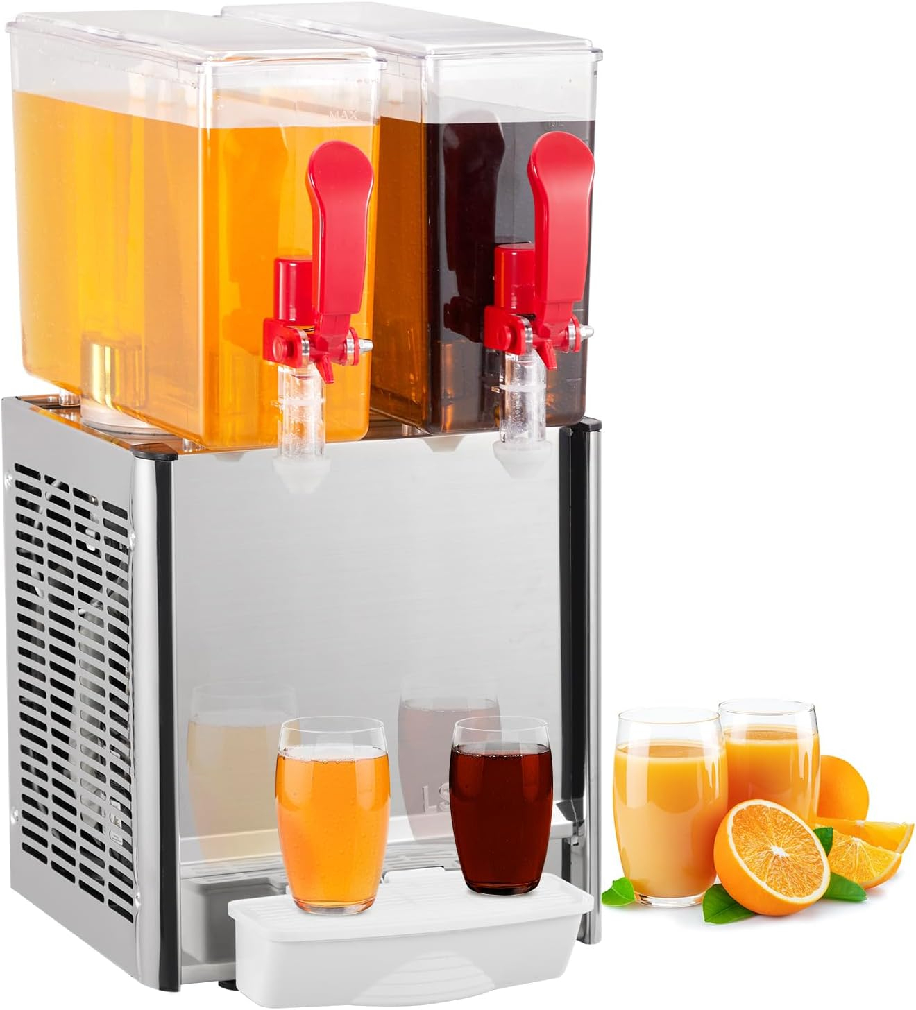 Commercial Beverage Dispenser, Towallmark 2 Tanks 5.28 Gallon 20L Commercial Juice Dispenser, 10 Liter Per Tank, 280W Stainless Steel Food Grade Ice Tea Drink Dispenser with Thermostat Controller