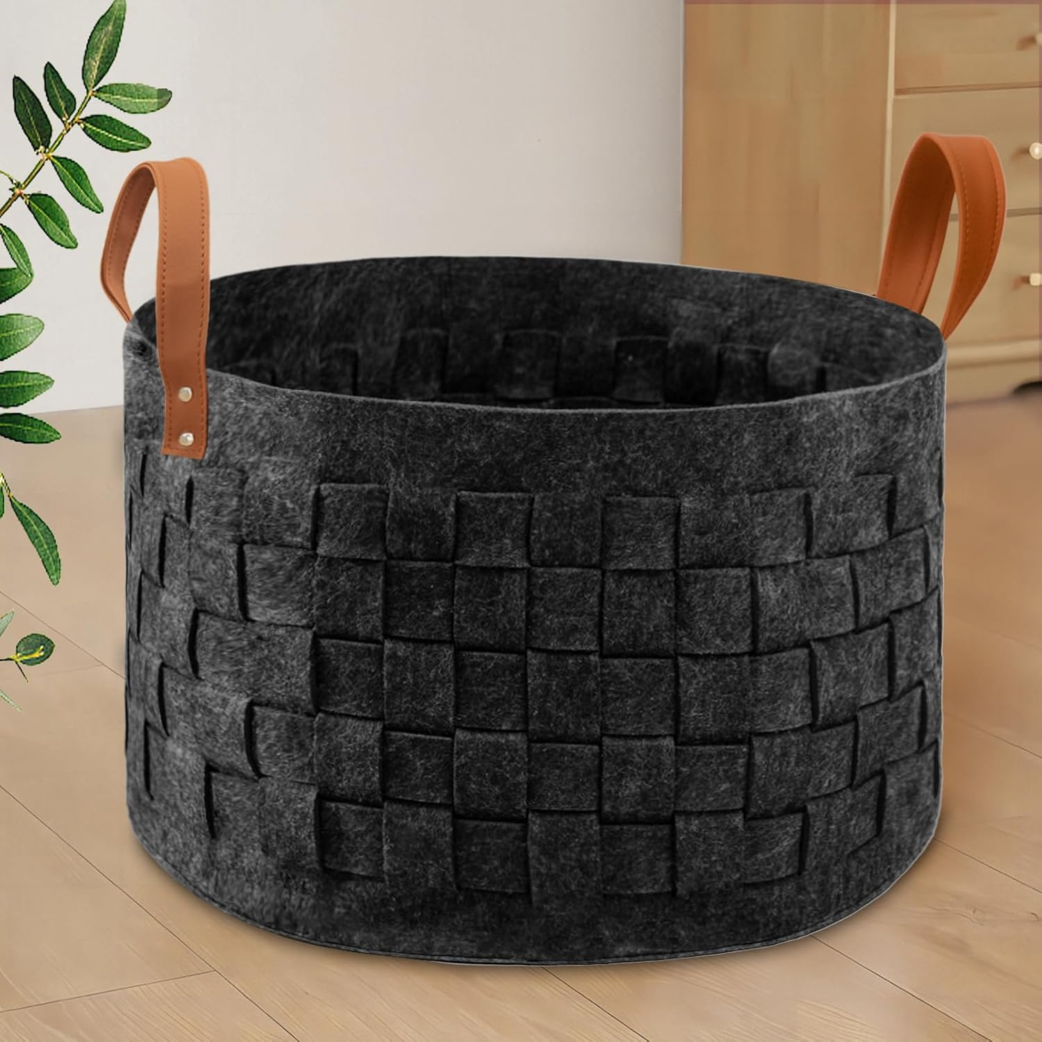 Laundry Basket 20" x20 x11.8, Large Round Blanket Basket with Leather Handle, Felt Storage Basket for Living Room, Nursery, Dog Toys-Dark Gray