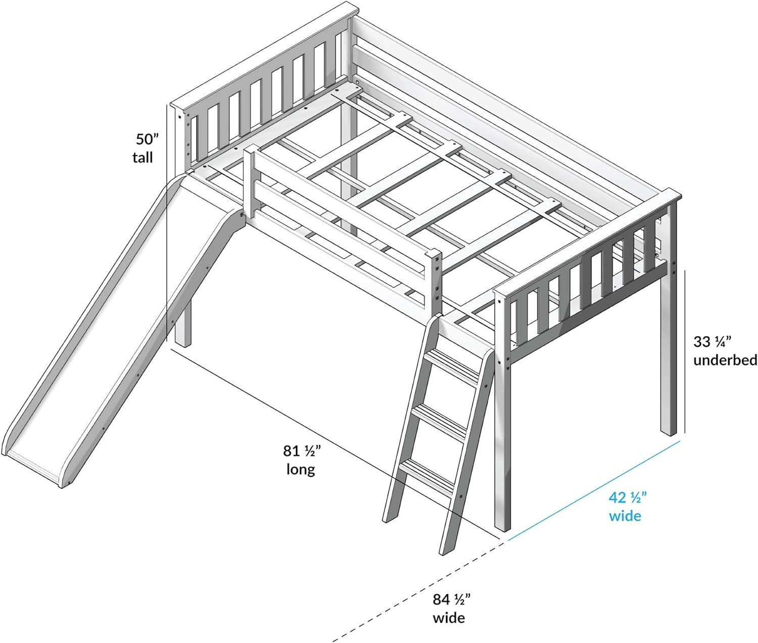 Max & Lily Low Loft Bed, Twin Bed Frame For Kids With Slide and Curtains For Bottom, White/Blue