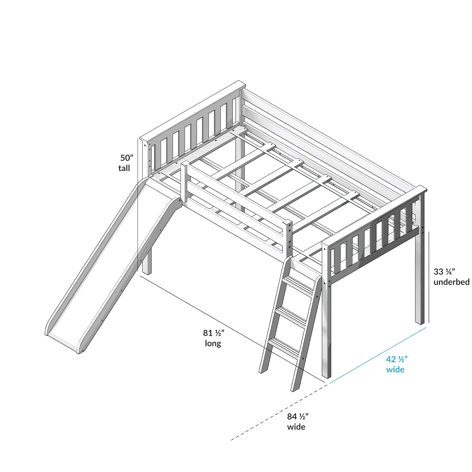 Max & Lily Low Loft Bed, Twin Bed Frame For Kids With Slide and Curtains For Bottom, White/Blue