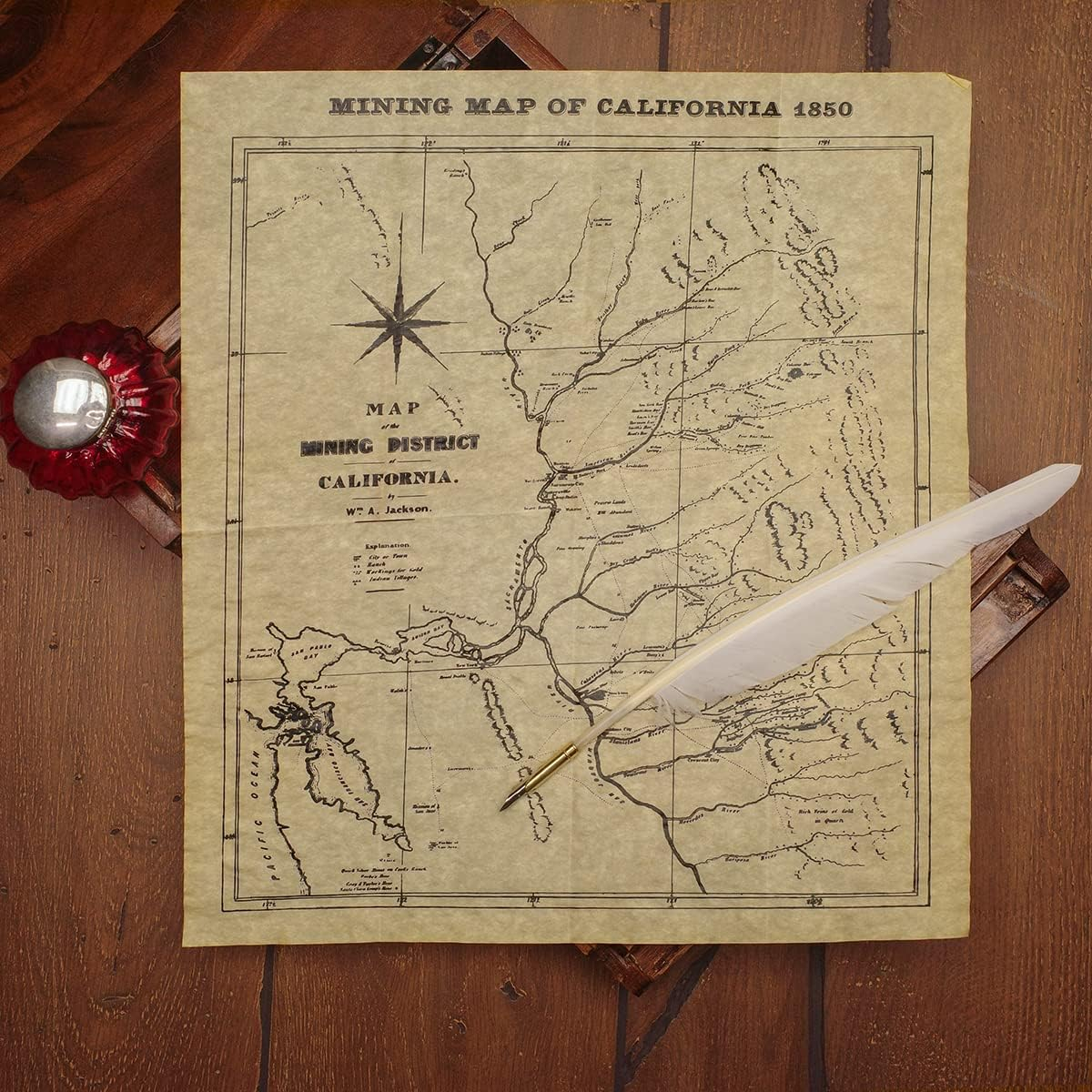 Mining Map California 1850 Parchment Paper Poster CA Gold Rush Home Decor Wall Art