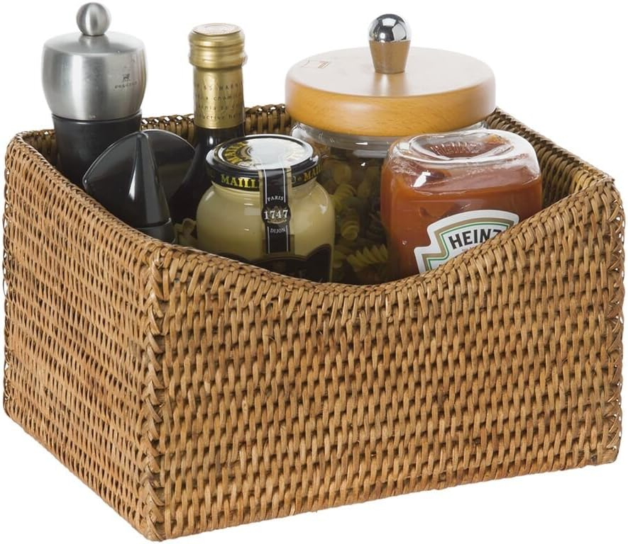 Kouboo La Jolla Rattan Organizing & Shelf Basket, Hand Woven Basket For Shelves, Foldable Cube Storage Baskets Bins, Pantry, Honey Brown