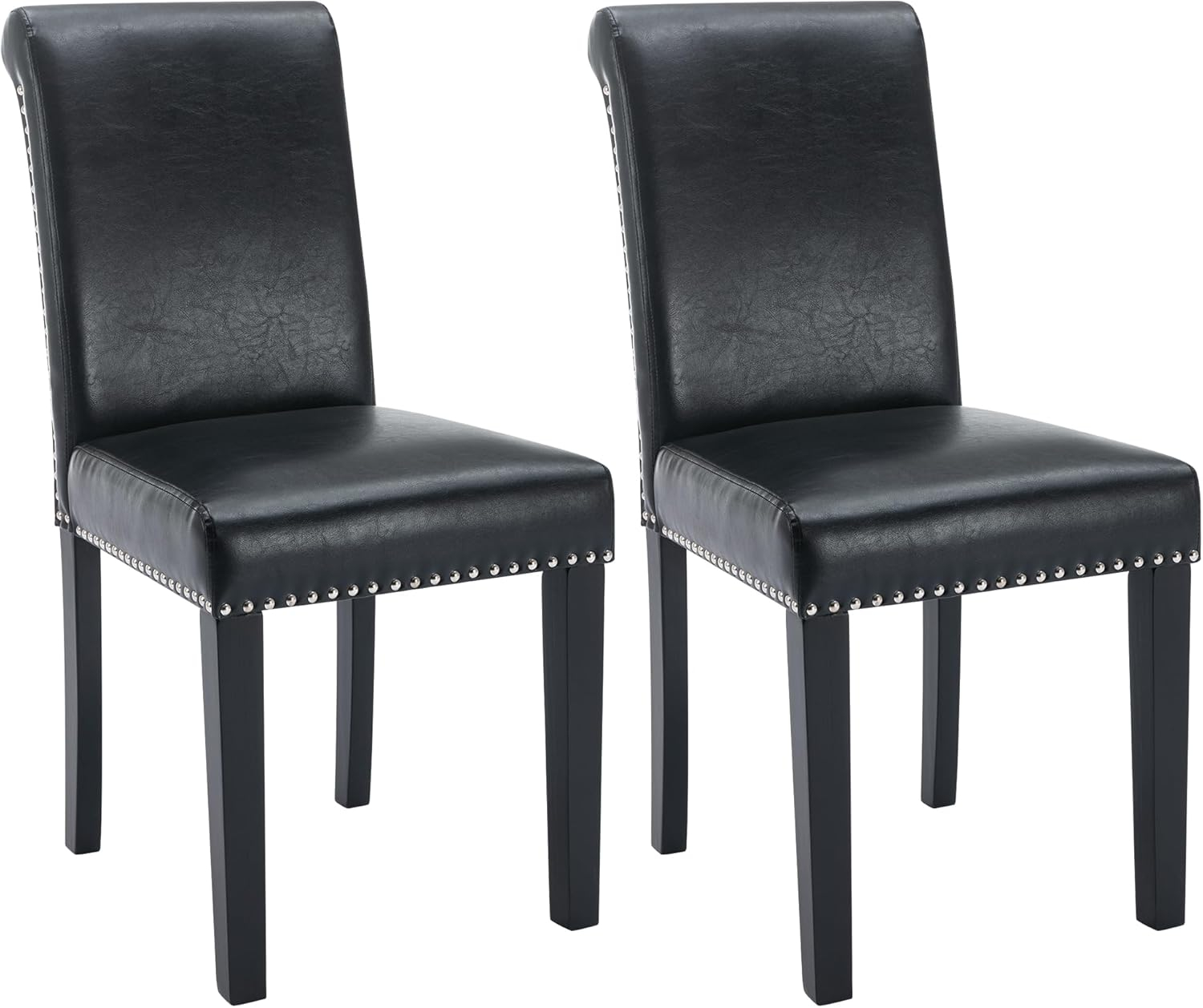 Colamy Black Upholstered Wood Legs Parsons Leather Dining Chairs with Nail head Trim Set of 2 for Dining Room