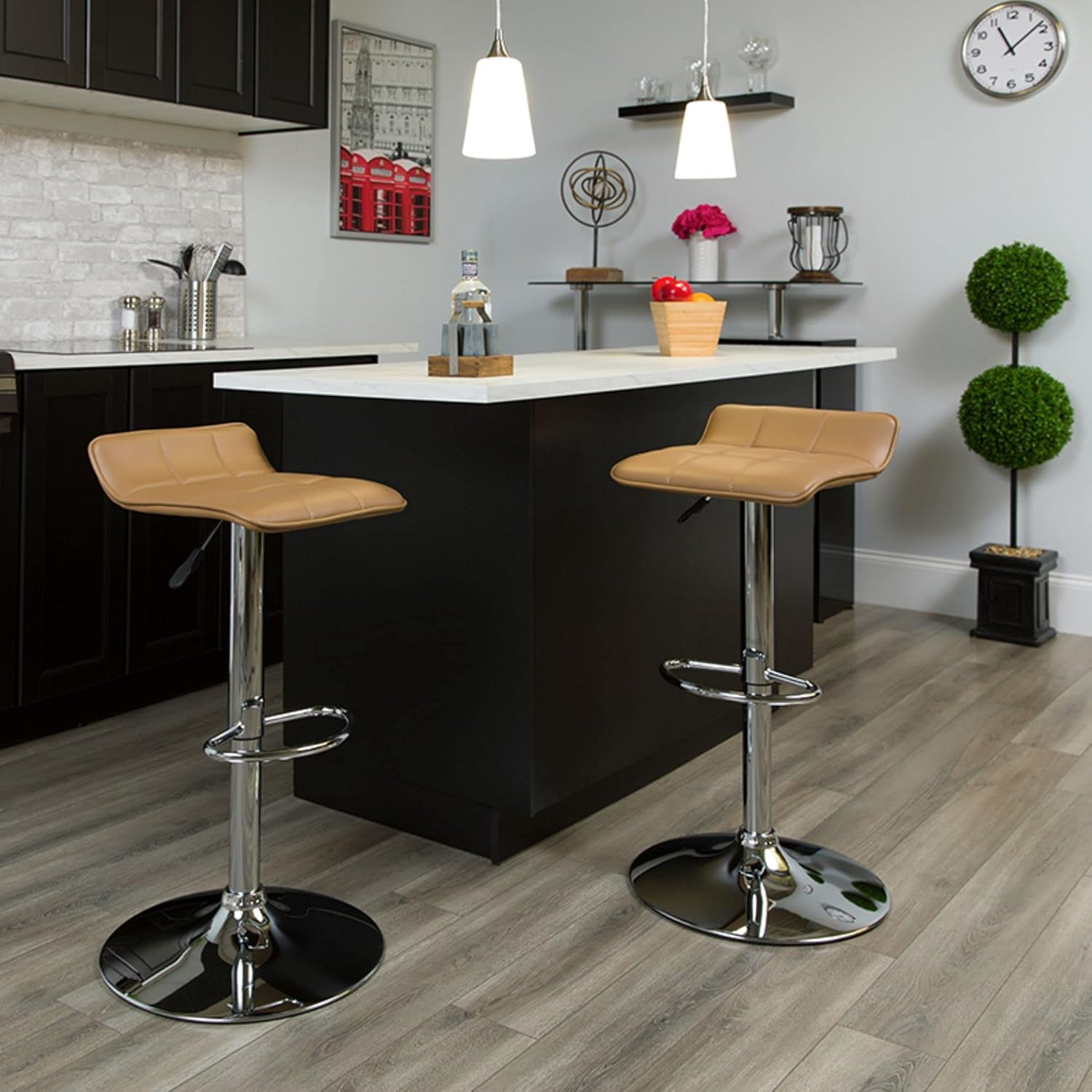 Flash Furniture Contemporary Black Vinyl Adjustable Height Barstool with Quilted Wave Seat and Chrome Base