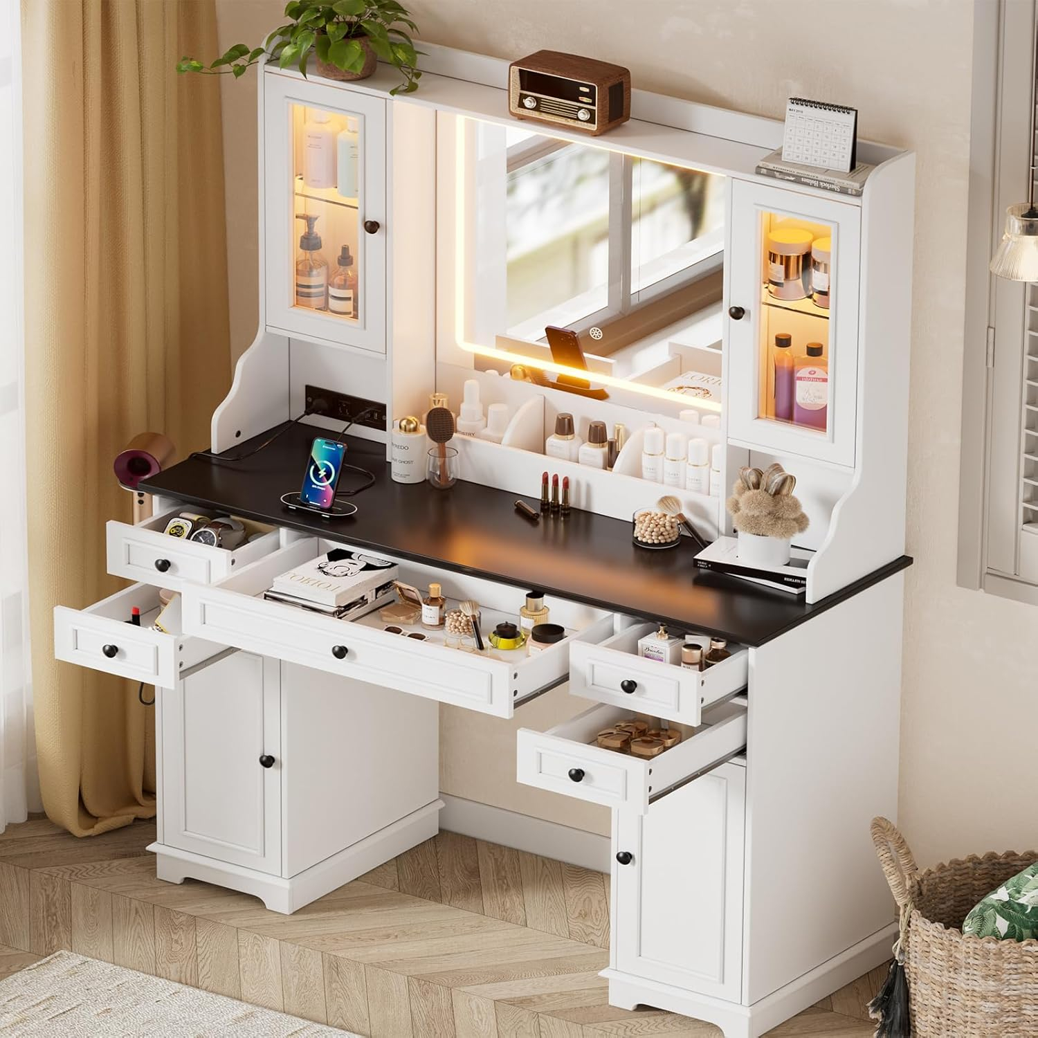 PAKASEPT Large Vanity Desk with Mirror and Lights,Makeup Vanity with 3 Lighting Modes& Charging Station, 5 Drawers, 4 Cabinets, Farmhouse Bedroom Vanity for Women, Girls