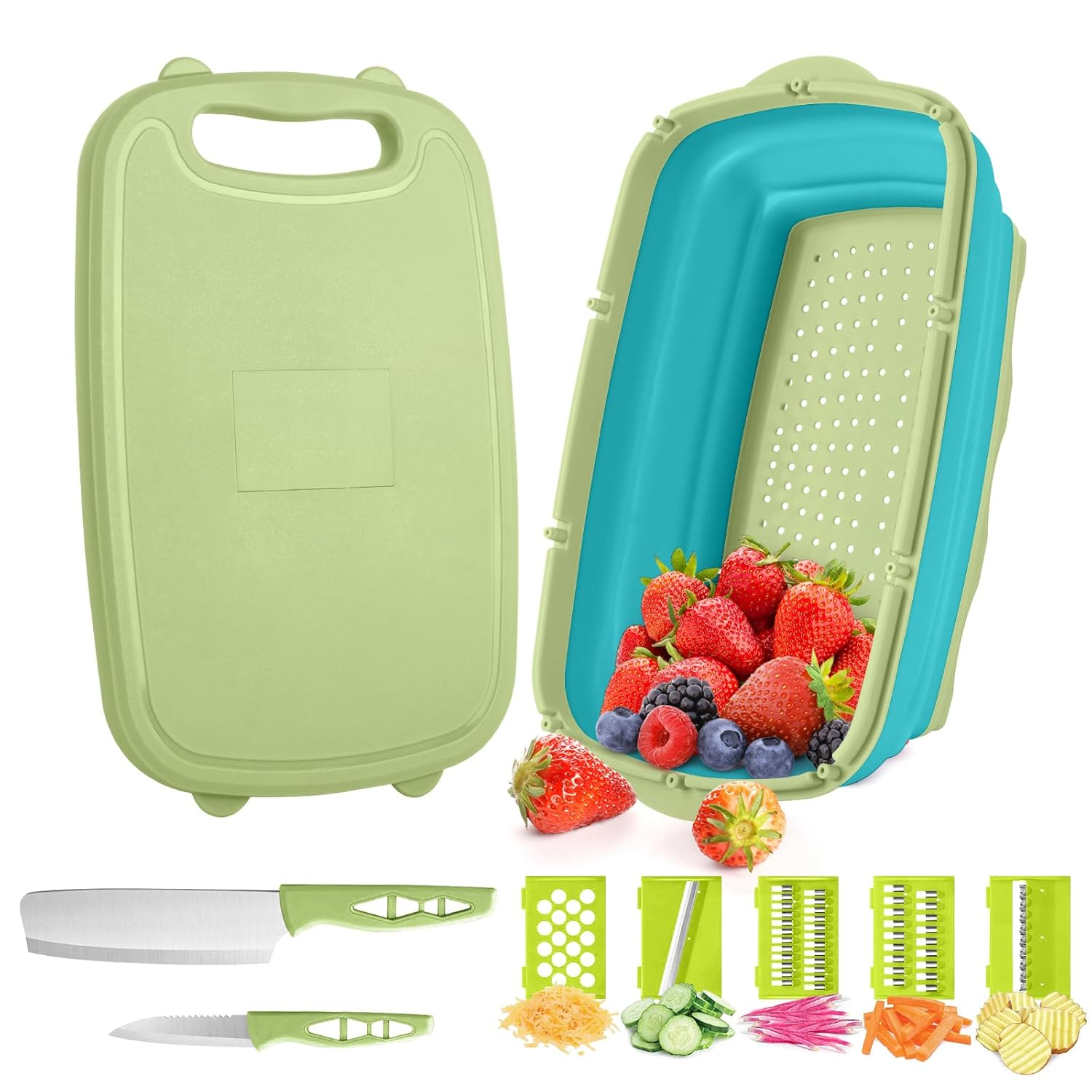 R&M HOME Green Plastic Multi-Functional Folding Cutting Board, 9-in-1 with Grating, Chopping, Slicing, Cutting, and Washing Functions for Vegetables and Fruits, Knife-Safe, Perfect for Kitchen.