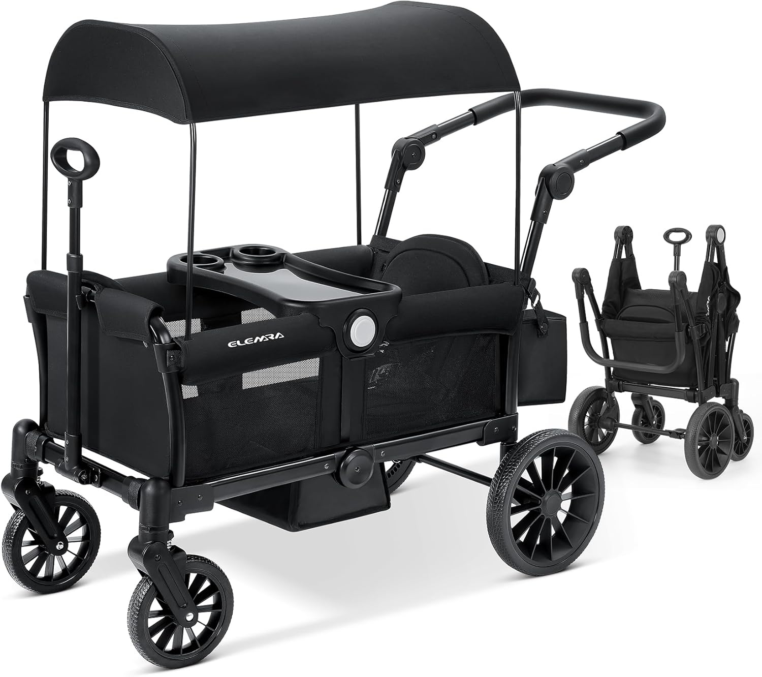ELEMARA Stroller Wagon for 2 Kids, Foldable Wagon Stroller, Premium All Terrain Wagon for Kids, Kids Wagon Cart w/Removable Canopy, Adjustable Push/Pull Handle, Harnesses, Large Storage Bag, Black