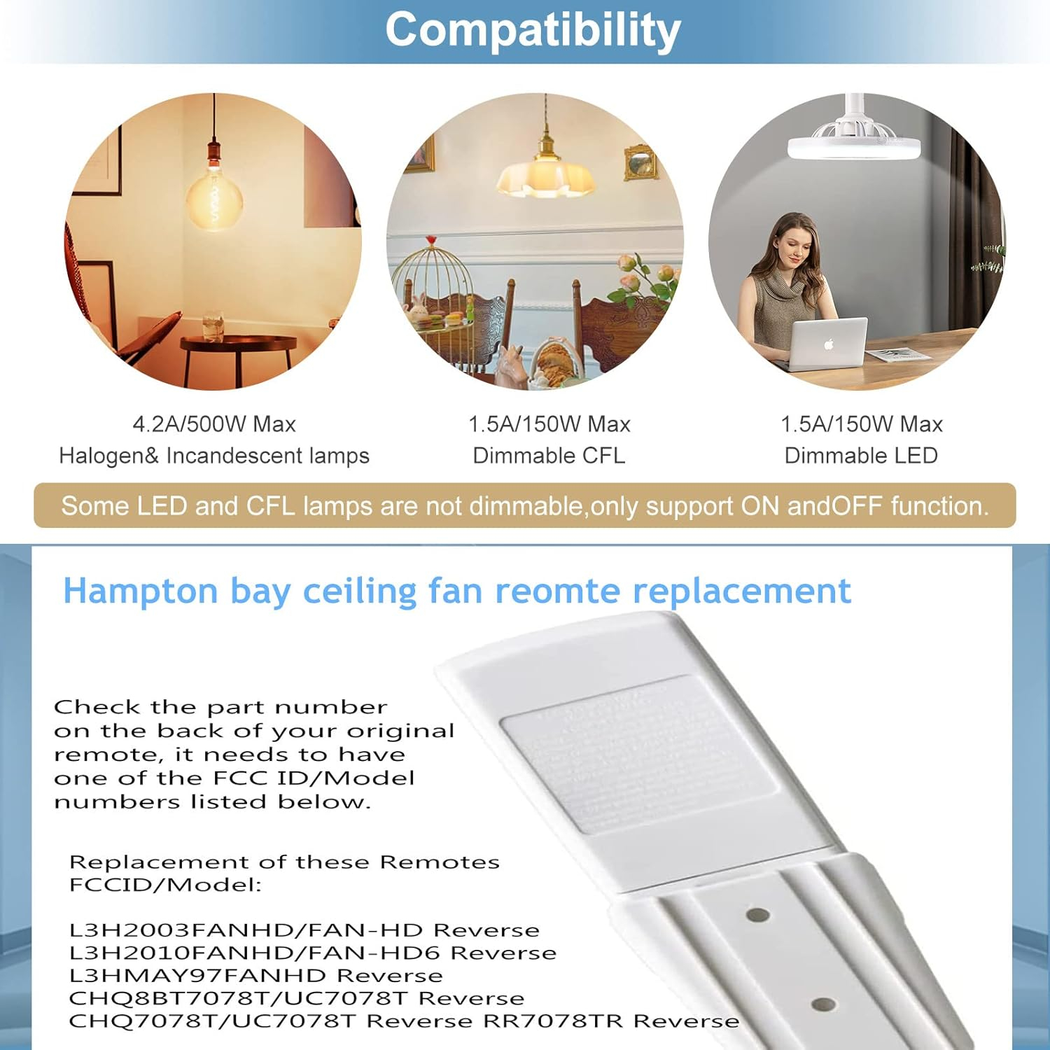 UC7078T Ceiling Fan Remote Control Replacement of Hampton Bay UC7078T Fan-HD CHQ7078T UC7078TR UC7078TUDL RR7078TR L3H2003FANHD, with Reverse , (2.16*1.18*5.6, White)