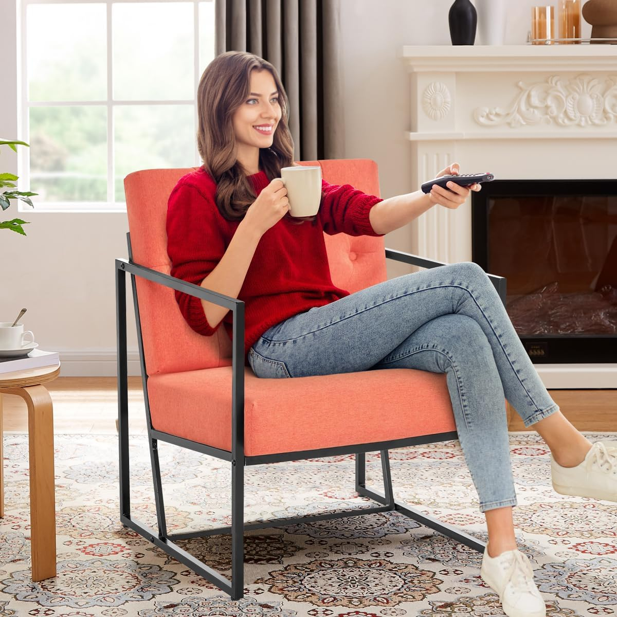 Living Room Chairs - Accent Chair with Upholstered Soft Comfortable Oversized Armchair Featuring Classic Metal Frame for Bedroom, Reading Room, Office Relaxation (Mid-Century Modern, Orange)