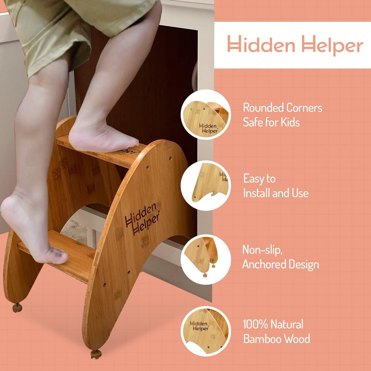 Hidden Helper Montessori Step Stool for Toddlers, Foldable Toddler Two Step Stool for Bathroom Sink & Kitchen Helper, Wooden Folding Stool for Kids Ages 2-5