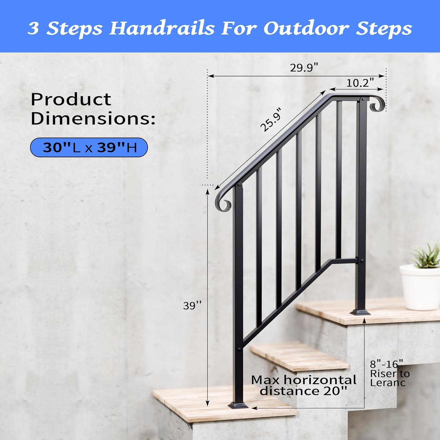 3 Step Handrails for Outdoor Steps, Wrought Iron Stair Railing Fits 2 or 3 Steps, Metal Hand Railing with Installation Kit, Staircase Handrails for Concrete, Porch, Deck, Exterior Steps, Black