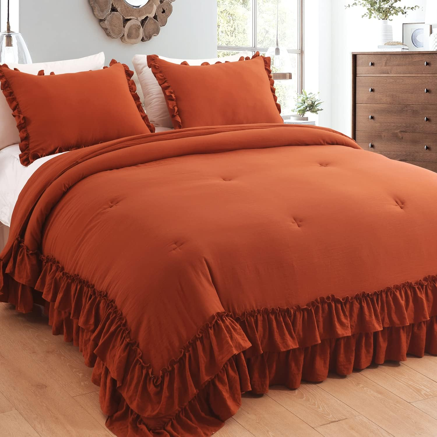 Burnt Orange Microfiber Queen Ruffle Comforter Set