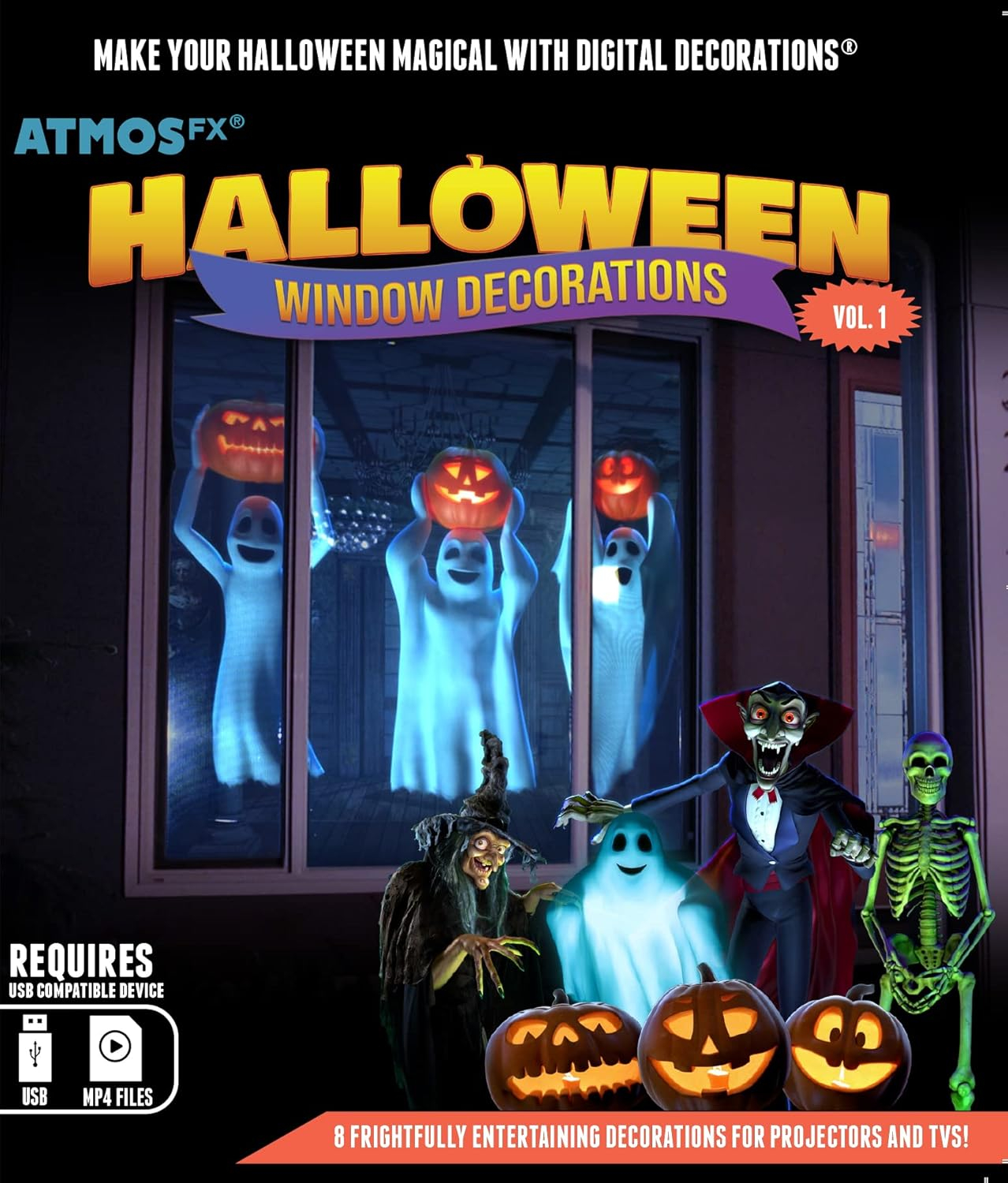 Halloween Digital Decoration Kit Includes 8 AtmosFX Video Effects for Halloween Plus HD Super Bright Projector and 48” x 72” Holographic Projection Screen