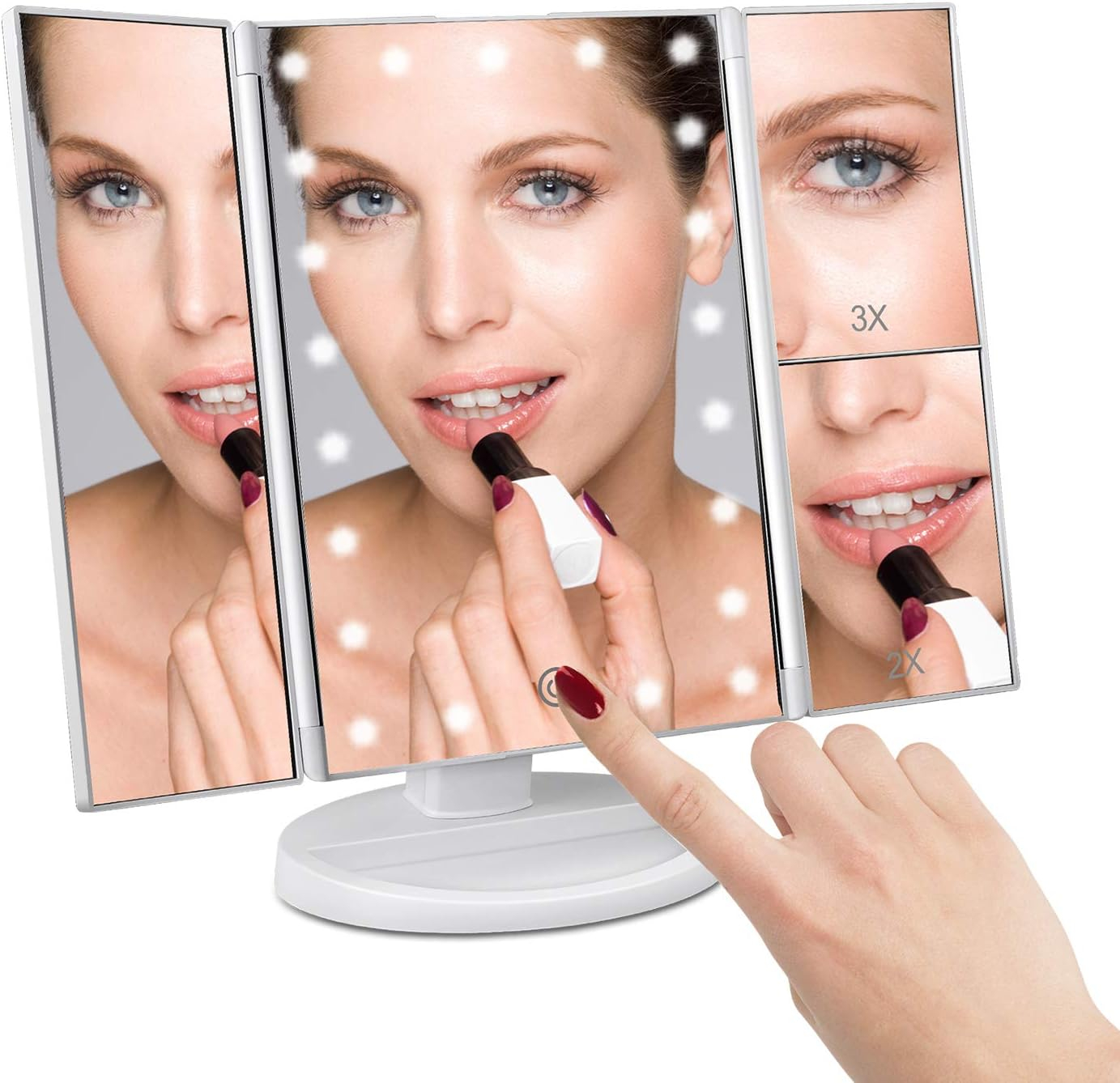 deweisn Floor Mount Tri-Fold Lighted Vanity Mirror with 21 LED Lights, Touch Screen and 3X/2X/1X Magnification, Two Power Supply Modes Make Up Mirror,Travel Mirror