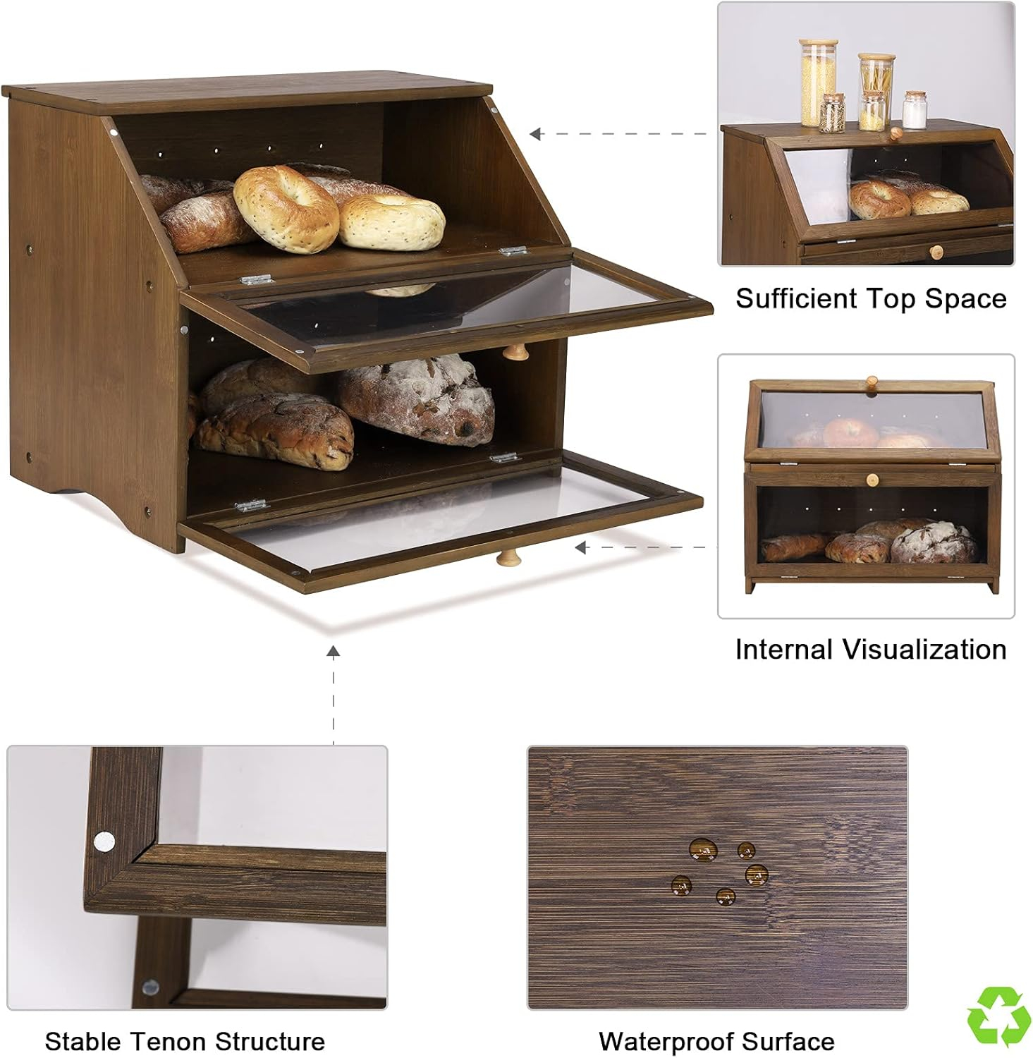 HOMEKOKO Double Layer Large Bread Box for Kitchen Counter, Wooden Large Capacity Bread Storage Bin (Brown)