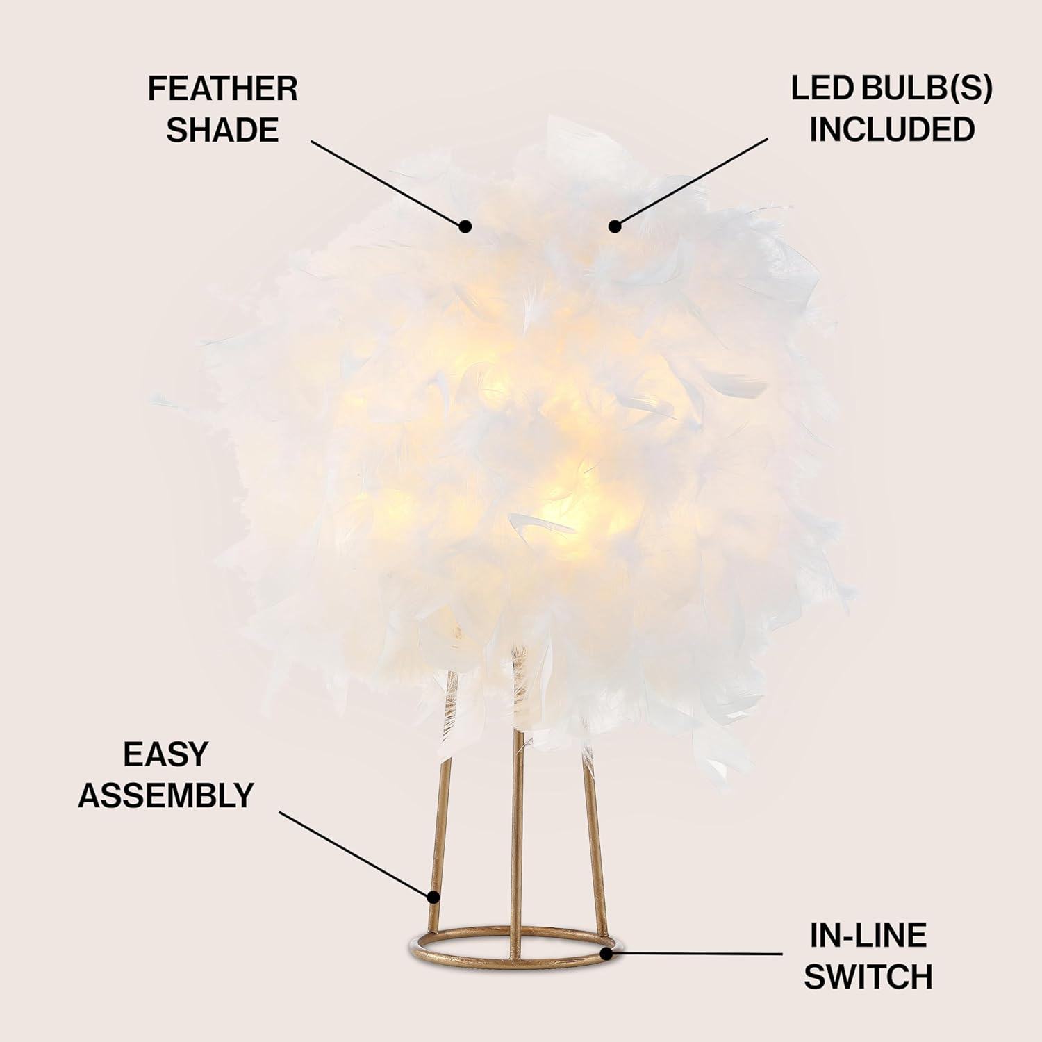 JONATHAN Y JYL9051A Stork 16" Feather Metal LED Table Lamp Contemporary Bedside Desk Nightstand Lamp for Bedroom Living Room Office College Bookcase LED Bulb Included, White/Gold