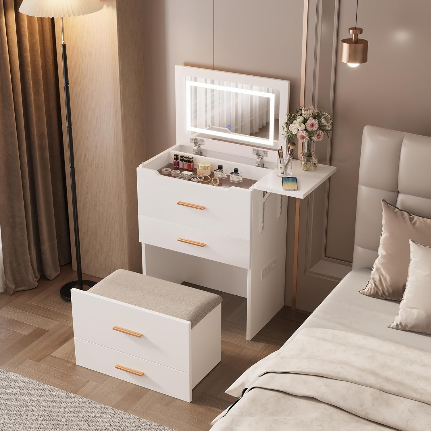Makeup Vanity Desk with Mirror and Lights, 3-in-1 Vanity Set with 3 Drawers, Small Makeup Vanity with Hidden Stool, Compact Dressing Table Charging Station for Bedroom-White