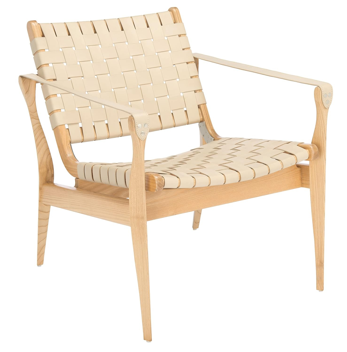 Cherry Mahogany & Woven Leather Safari Accent Chair - White