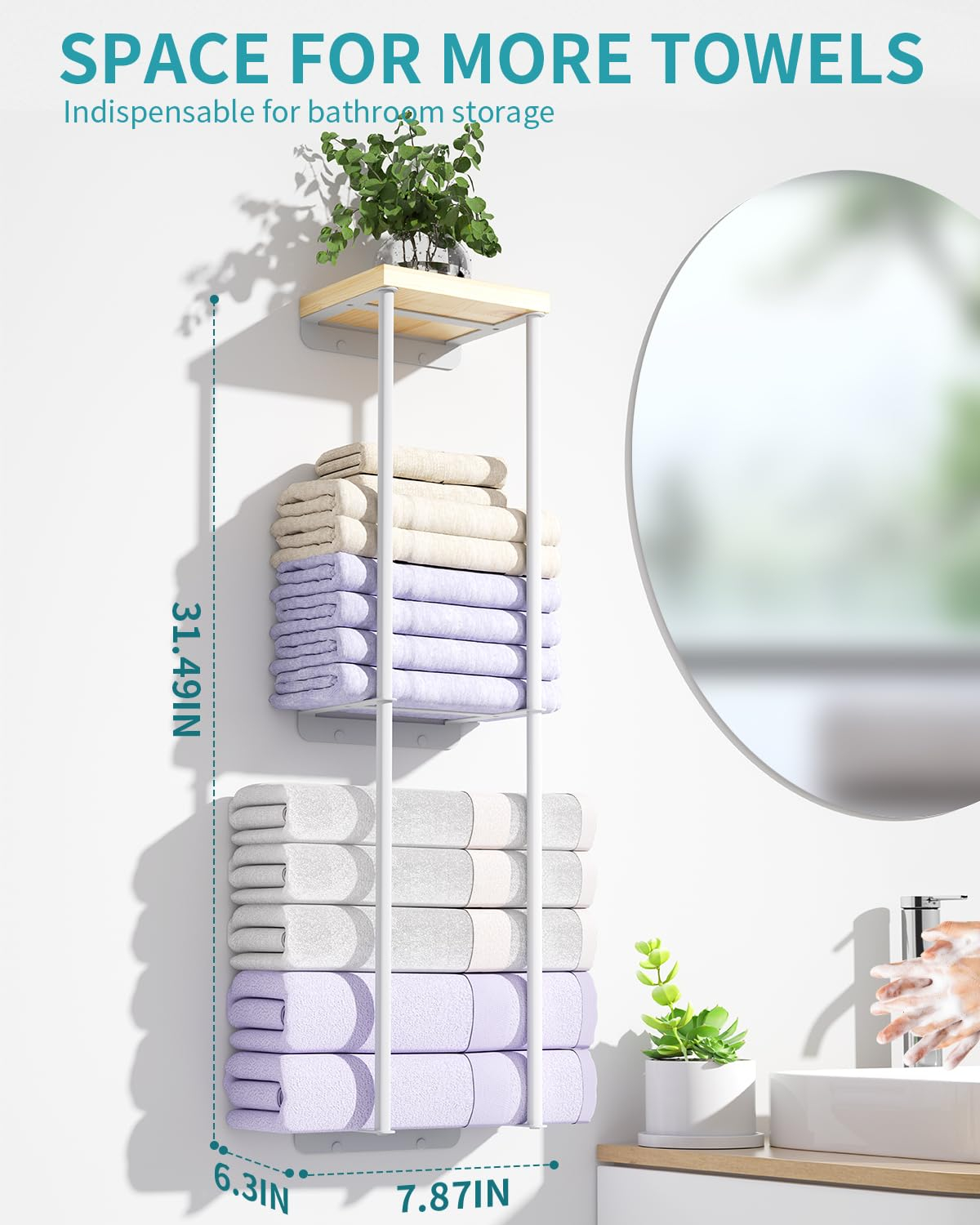 Towel Racks for Bathroom, 2 Tier Wall Towel Holder with Wood Shelf, Metal Wall Mounted Bathroom Organizers and Storage, White