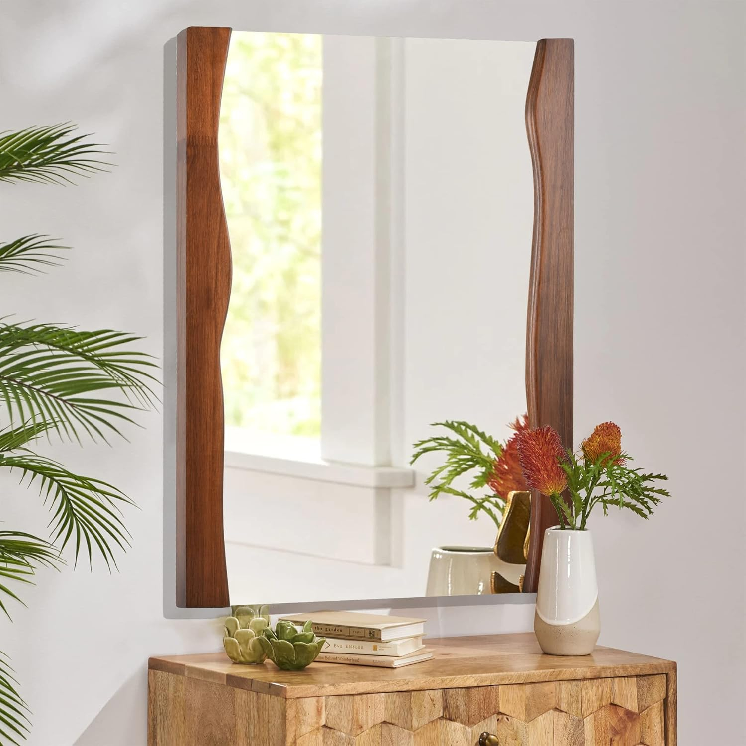 Tanmicoshomy Rectangle Wood Bathroom Mirror with Live Edge Wooden Frame, Asymmetrical Mirror 20 x 28 Inch for Bedroom, Living Room or Entryway