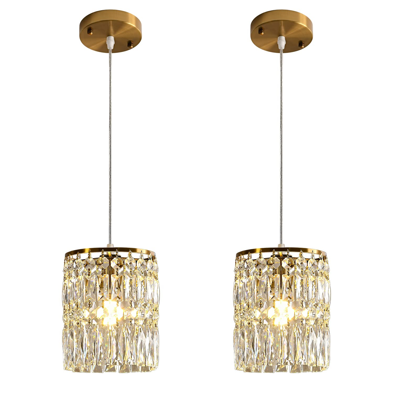 Modern Crystal Pendant Light for Kitchen Island Height Adjustable Gold Chandeliers Light Fixture Hanging Ceiling Lights for Hallway Dining Room Bedroom Living Room (2-Pack)