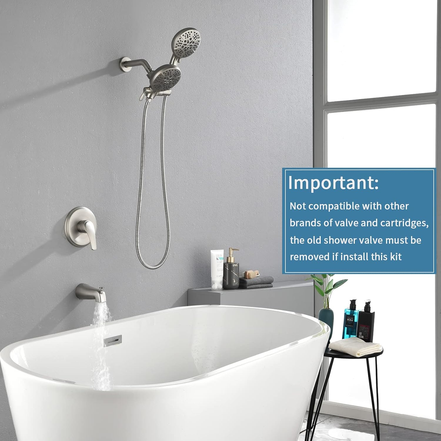 Shower Tub Kit Dual Shower System with Tub Spout Tub and Shower Faucet Set Complete Dual Shower Head and Handheld Combo Set Tub and Shower Trim Kit Brushed Nickel