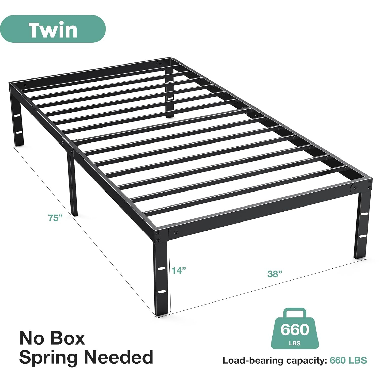 Queen Size Black Metal Bed Frame with Storage and Slats