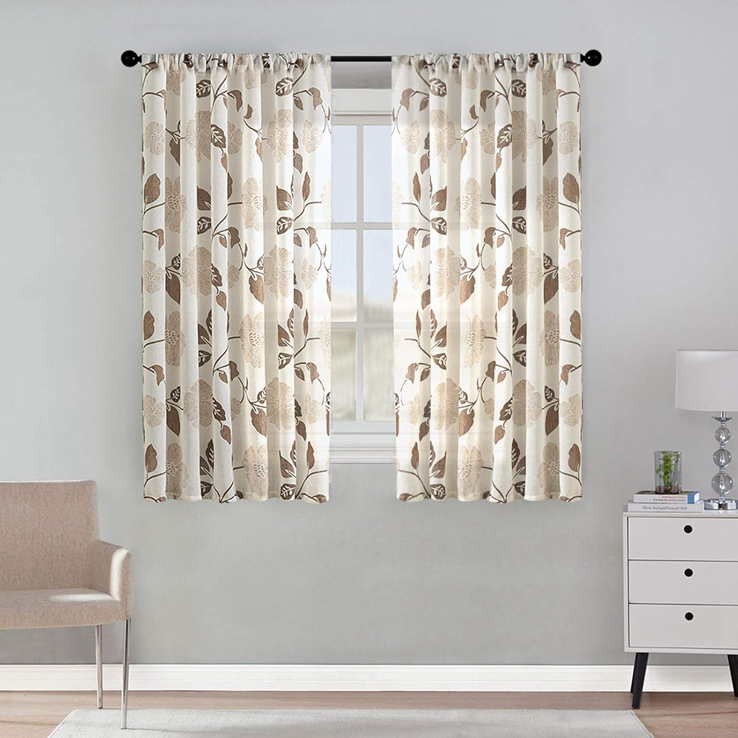 MRTREES Sheer Curtain Panels, Voile Sheer Curtains Drapes Rod Pocket, Flower Printed Embroidery Window Curtain Treatments for Bedroom Living Room Bathroom Window(2 Panels, 54x45 Inches, Brown)