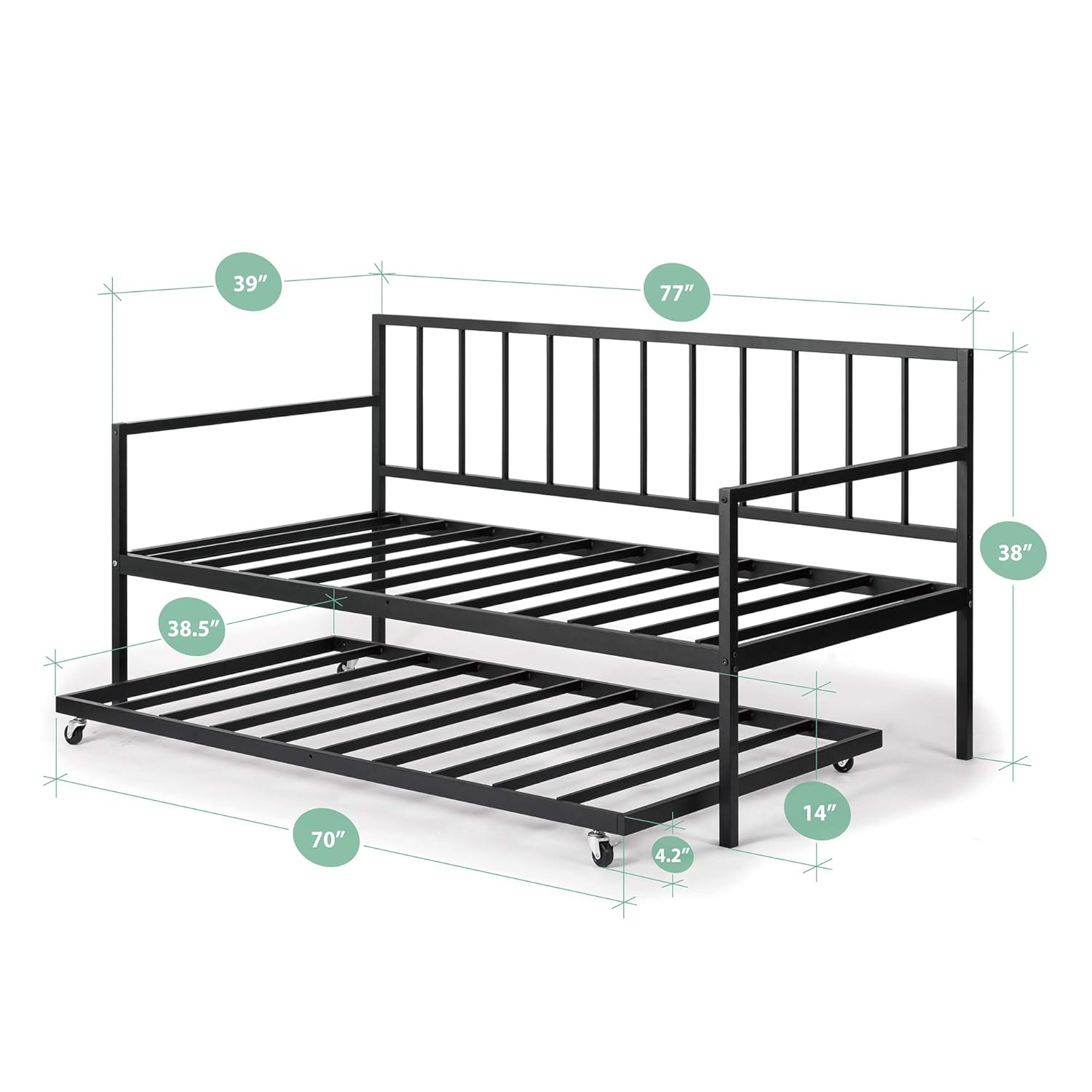 Black Metal Twin Daybed with Rollaway Trundle and Headboard