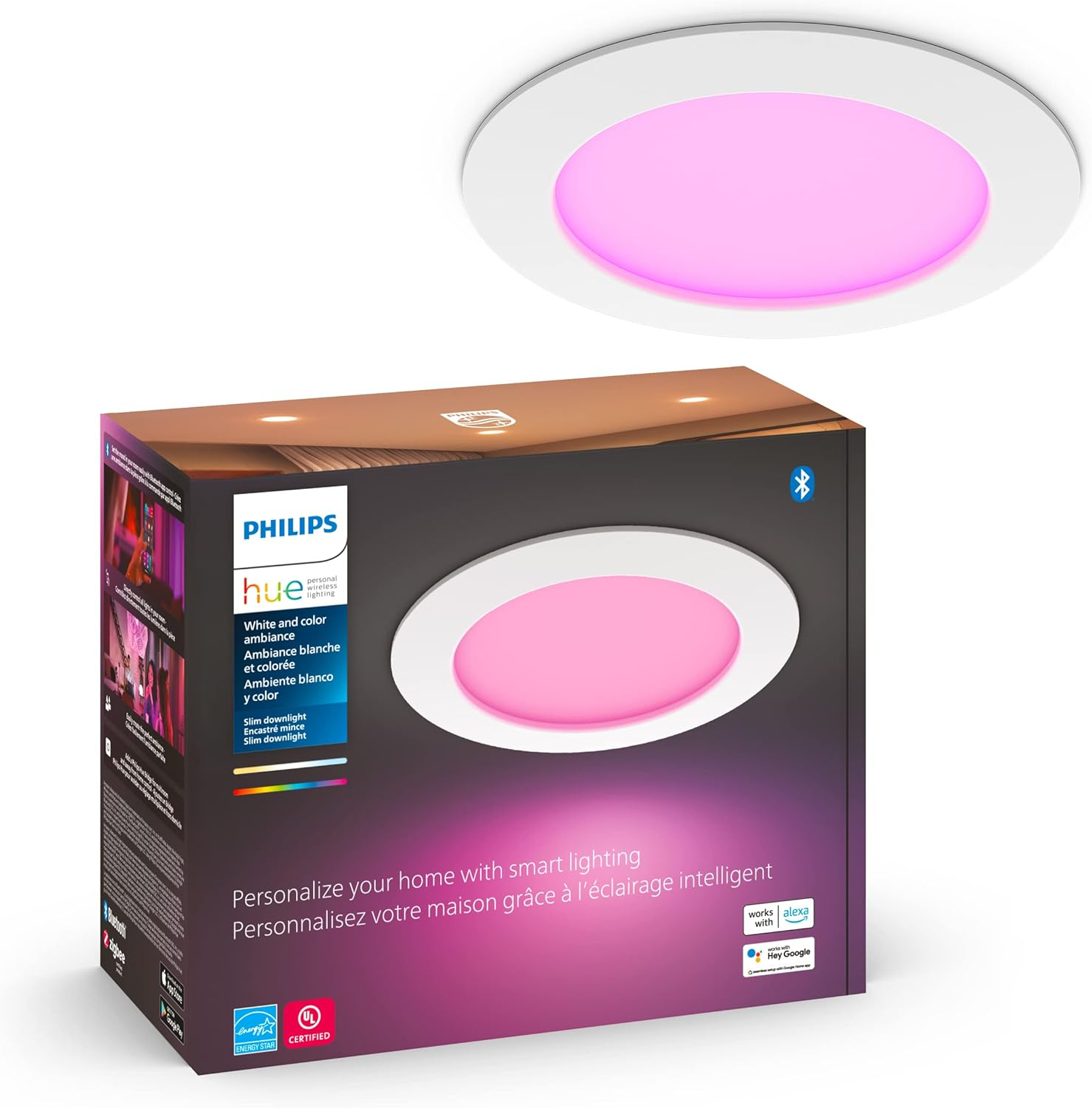 Philips Hue Slim 6-inch Downlight, White & Color Ambiance (Bluetooth Compatible), Voice Control with Alexa, Apple HomeKit & Google Assistant