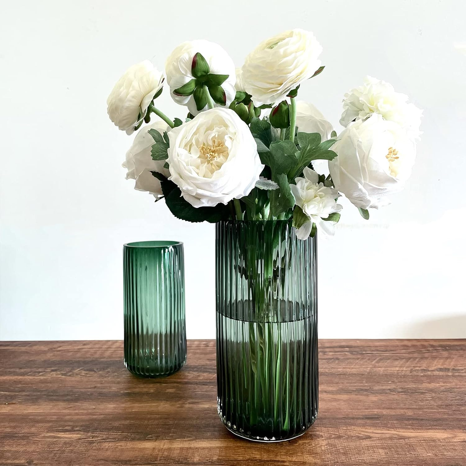 BUICCE Hand Blown Wide Mouth Ribbed Glass Flower Vase for Farmhouse Decor,Round Vintage Foding Bottles for Kitchen Dining Table Cafe Home Shelf Wedding Centerpiece.