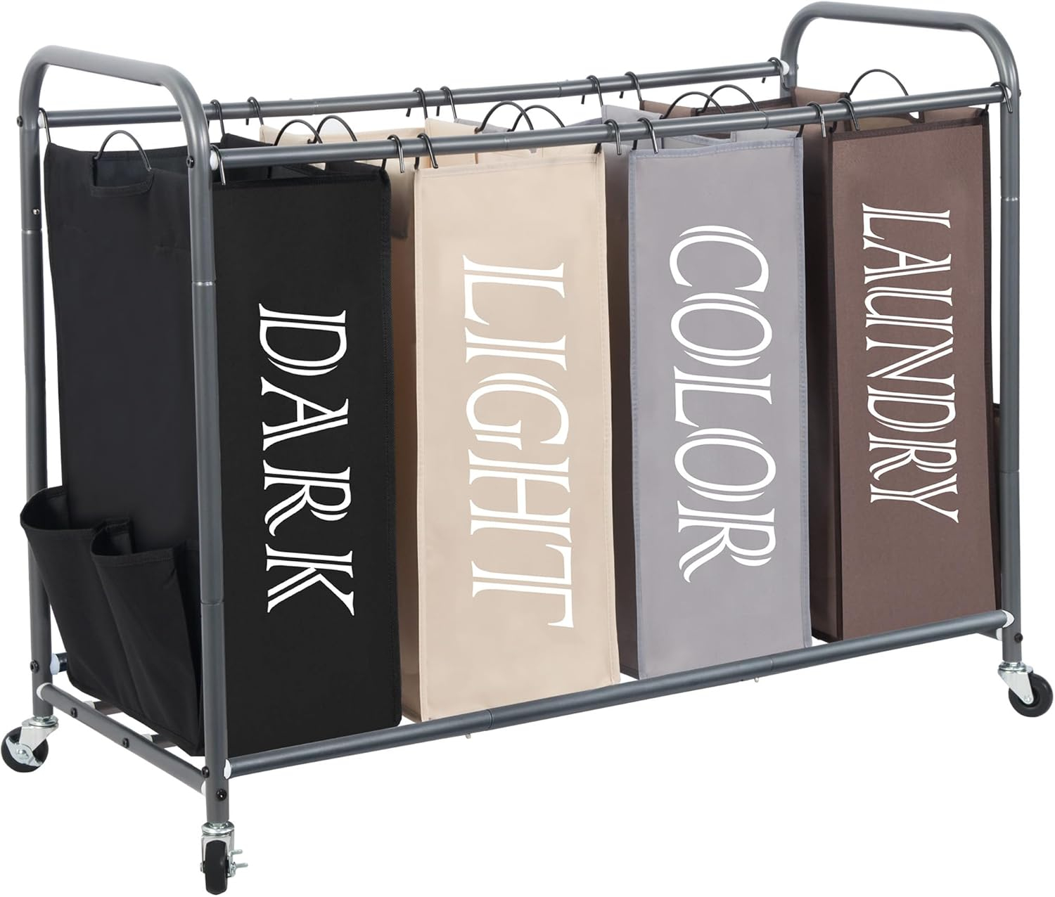 STORAGE MANIAC Laundry Sorter, Laundry Divider with Side Pockets, Multi Laundry Separator Hamper with Removable Bags and Rolling Lockable Wheels, Laundry Organizer Hamper, 4 Section Multicolored