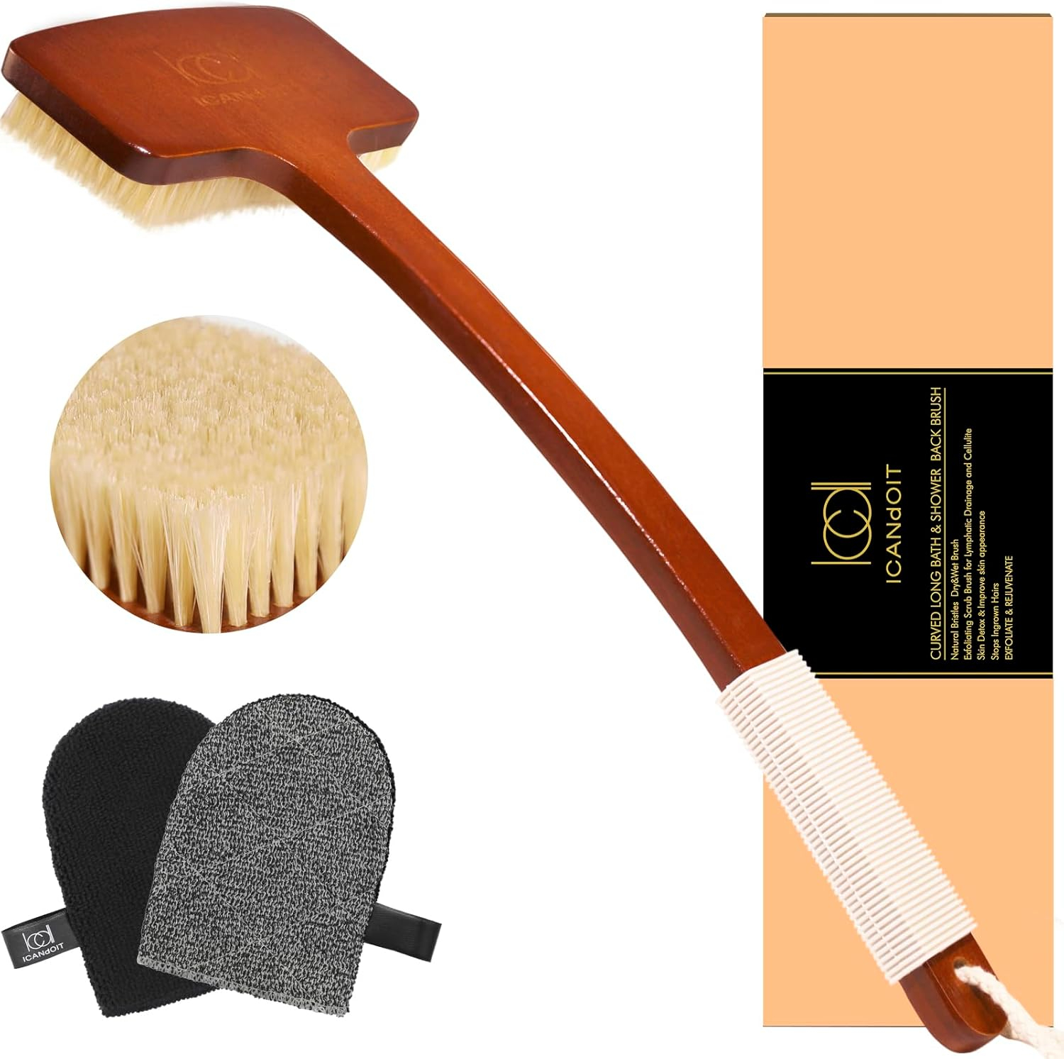 Exfoliation Set-17.71 Inch Boar Bristles Back Scrubber Bath Brush,Shower Brush with No-Slip Curved Handle,Dual-Sided Face Exfoliation Glove
