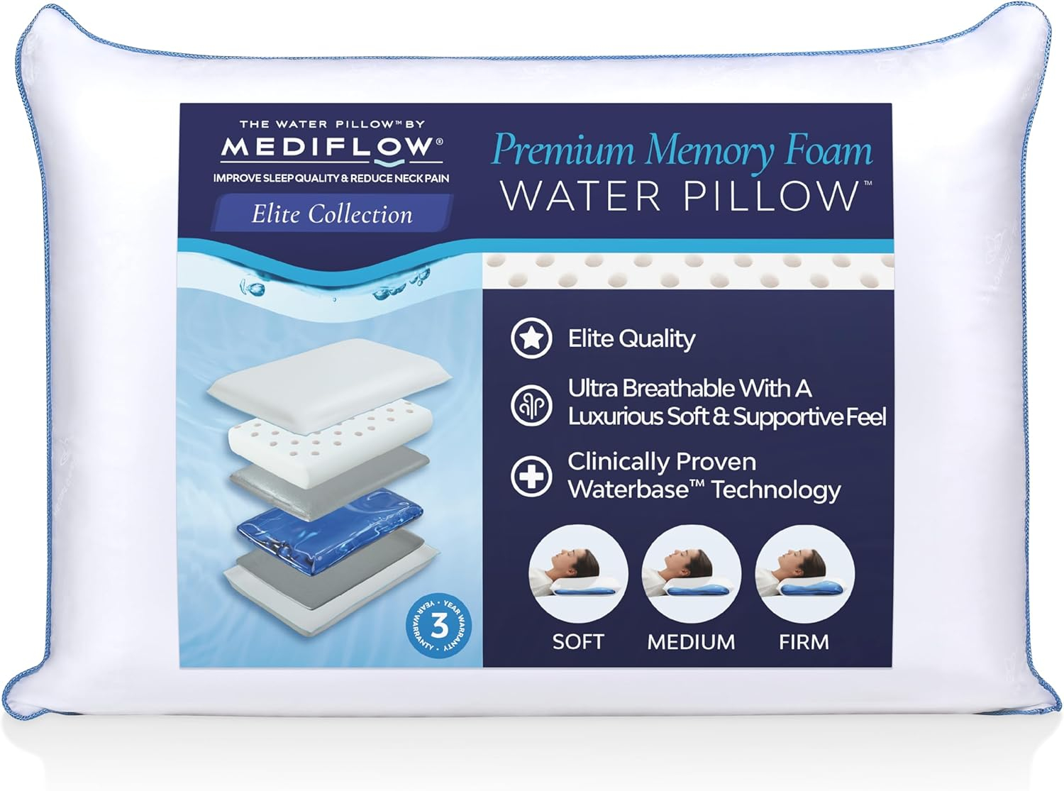 Water Pillow - Elite Collection, Down Alternative Pillow. Orthopedic Pillow for Neck Pain Relief, Adjustable Water Pillow for Sleeping. (Single Pillow)