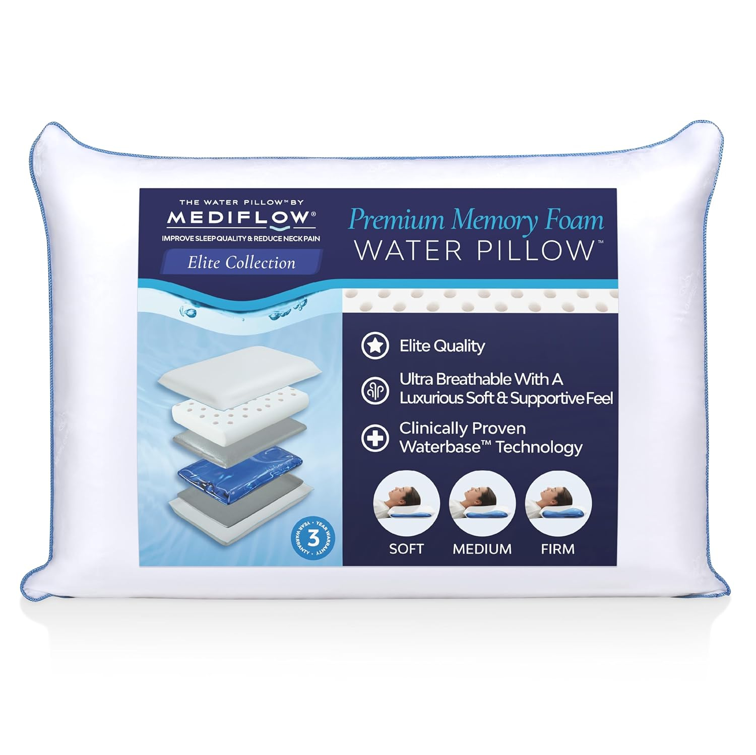 Water Pillow - Elite Collection, Down Alternative Pillow. Orthopedic Pillow for Neck Pain Relief, Adjustable Water Pillow for Sleeping. (Single Pillow)