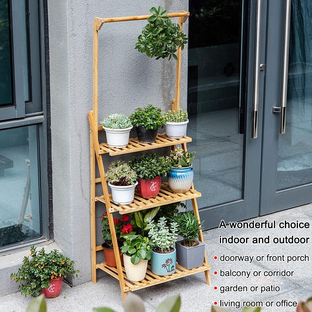 COPREE Bamboo 3-Tier Hanging Plant Stand Planter Shelves Flower Pot Organizer Rack Folding Display Shelving Plants Shelf Unit Holder