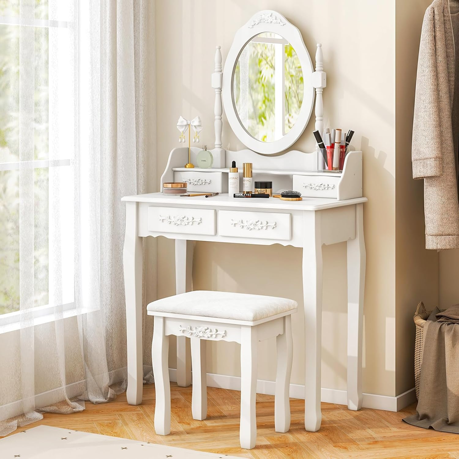 Giantex Girls Vanity Desk with 4 Drawers, White Makeup Vanity Table with Mirror and Cushioned Stool, Rose Shaped Knobs, Modern Bedroom Dressing Table for Small Place Apartment