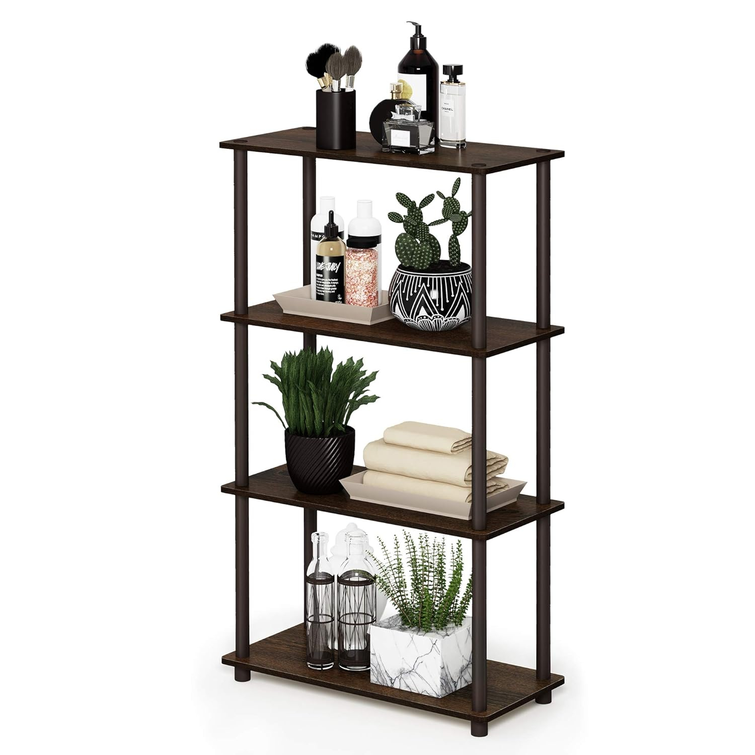 99557WN-BR Turn-N-Tube 4-Tier Multipurpose Shelf Display Rack - Walnut & Brown