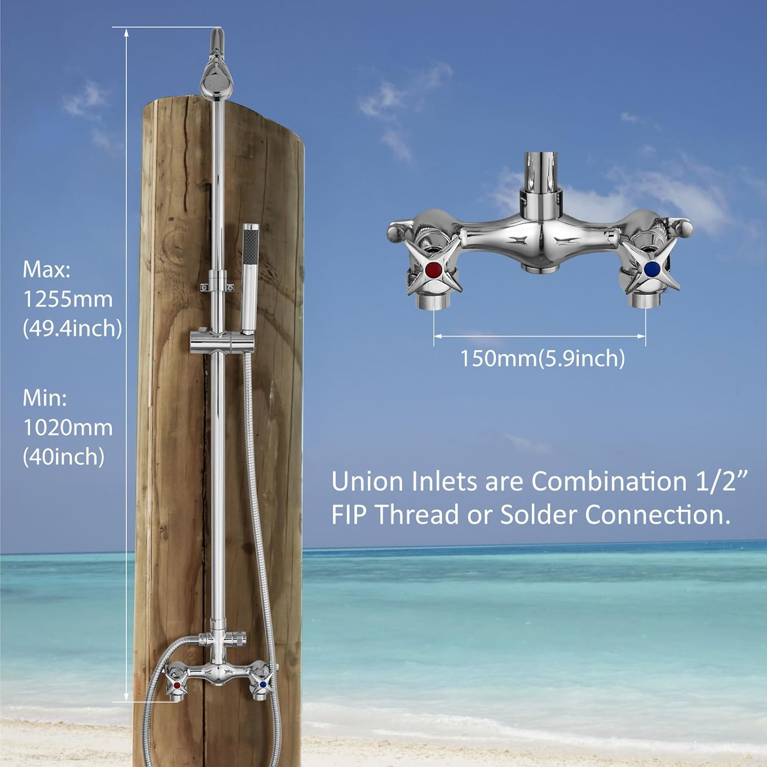 Aolemi Wall Mount Outdoor Shower Kit,Outdoor Shower Fixtures Faucet System with Handheld Spray,Double Handle 6 Inch Center Exposed Shower with Shower Head Polish Chrome