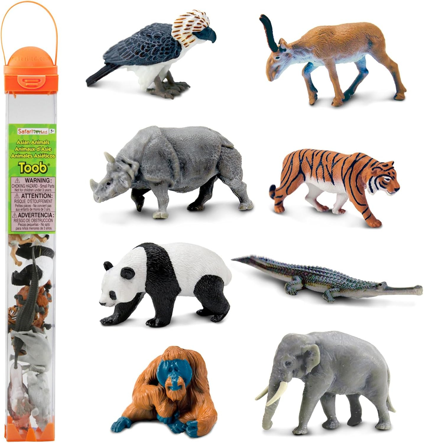 Safari Ltd. Asian Animals TOOB - Set of 8 Mini Figurines - Asian Elephant, Indian Rhino, Orangutan, Panda Bear, Tiger, Antelope, Philippine Eagle, and Gavial - Toys for Boys, Girls & Kids Ages 3+