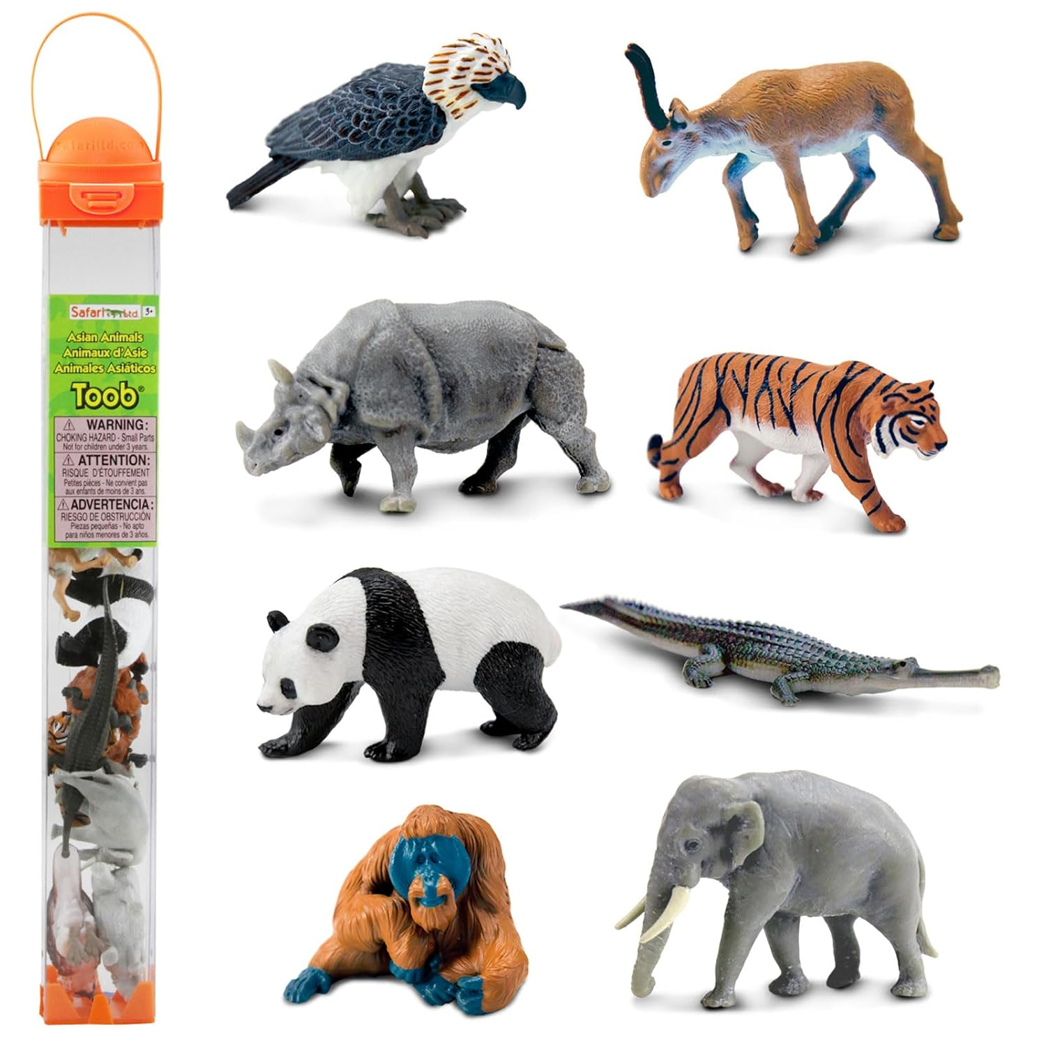 Safari Ltd. Asian Animals TOOB - Set of 8 Mini Figurines - Asian Elephant, Indian Rhino, Orangutan, Panda Bear, Tiger, Antelope, Philippine Eagle, and Gavial - Toys for Boys, Girls & Kids Ages 3+