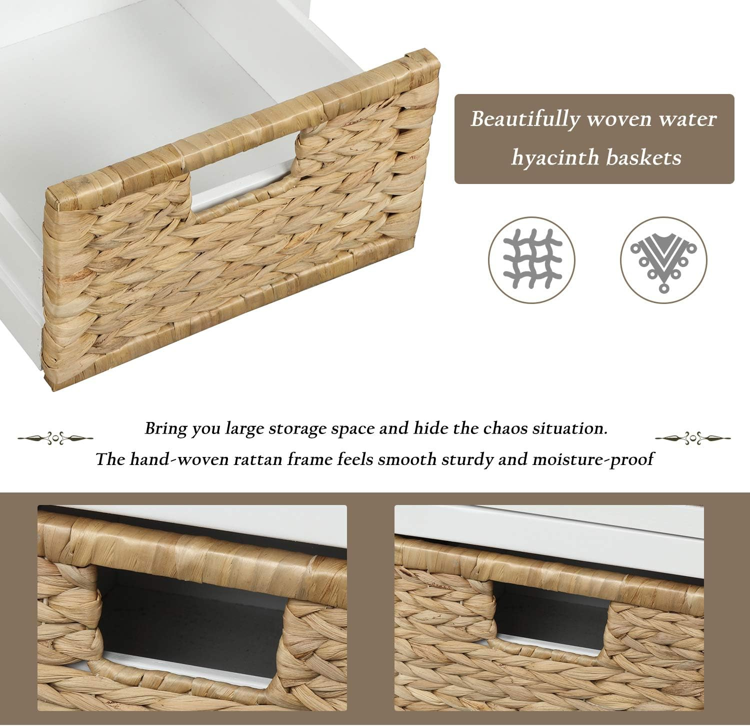 Harper & Bright Designs TREXM Rustic Storage Bench with 3 Drawers and 3 Rattan Baskets, Shoe Bench for Living Room, Entryway (White)