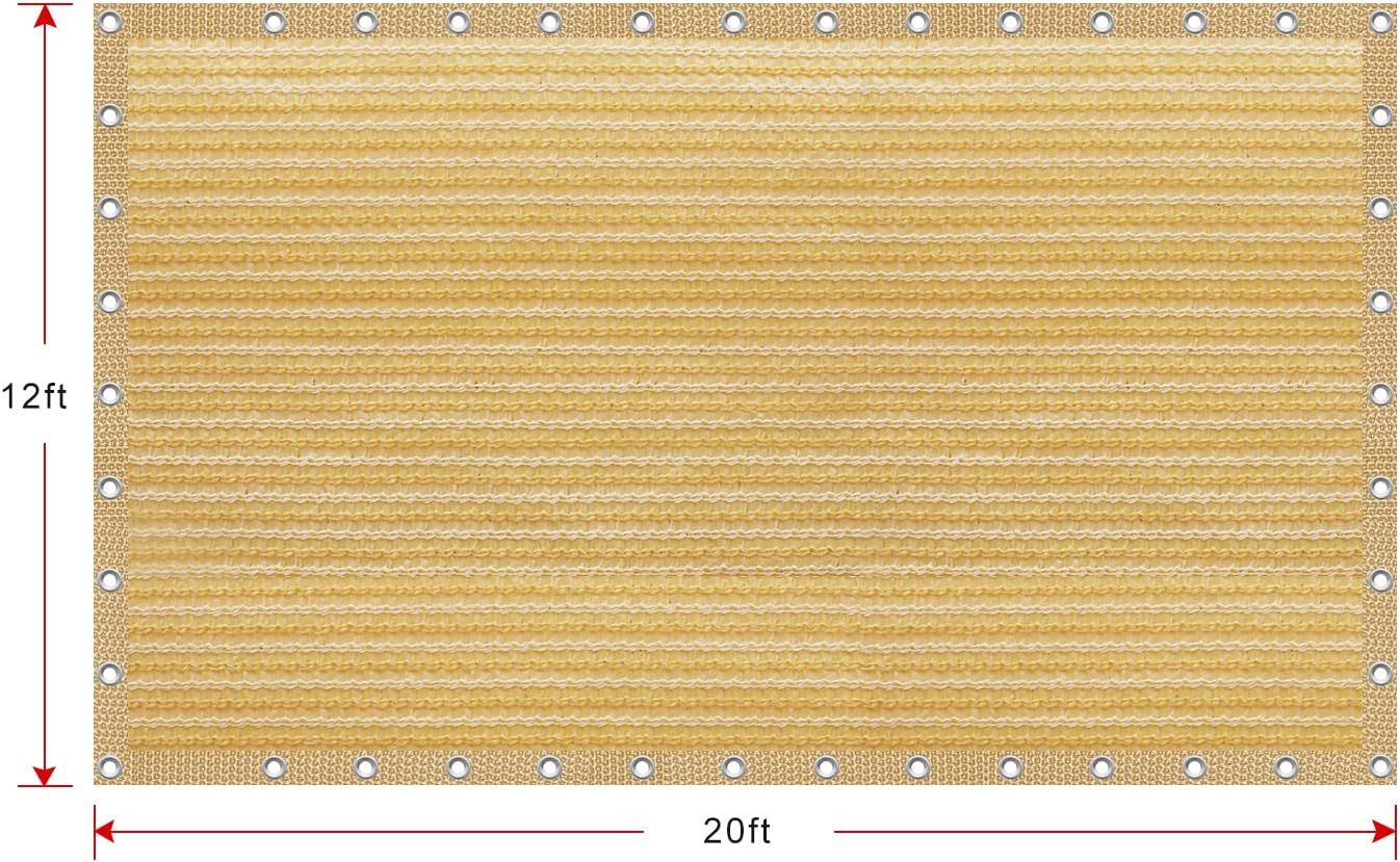 Shatex 90% Shade Fabric Sun Shade Cloth 12’ x 20’ Wheat Taped Edge with Grommets Sun-Block Mesh Shade for Pergola Cover Canopy,12 Bungee Balls
