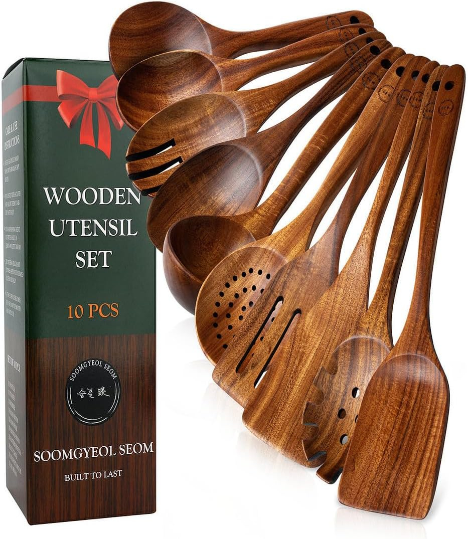 Wooden Spoons for Cooking, 10 Pcs Teak Wood Cooking Utensil Set ‚ Wooden Kitchen Utensils for Nonstick Pans & Cookware ‚ Sturdy, Lightweight & Heat Resistant