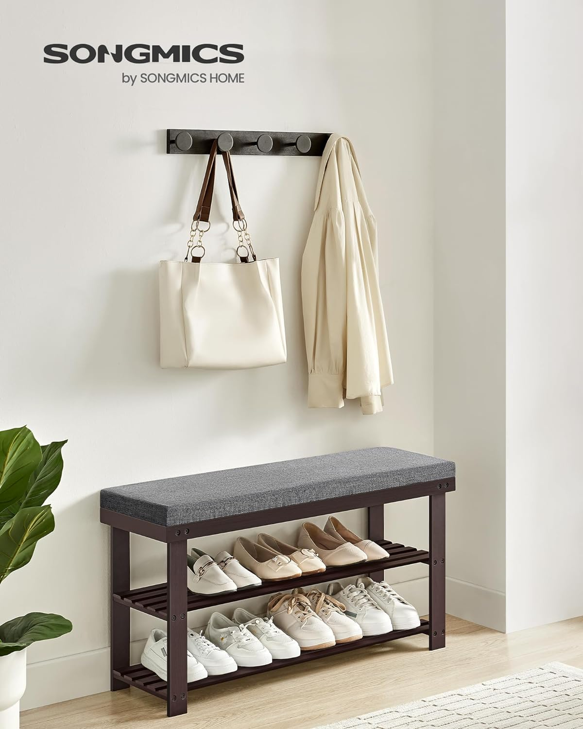 SONGMICS Bamboo Shoe Bench, 3-Tier Shoe Rack, Stable Shoe Organizer for Entryway, Living Room, Bench Seat Holds Up to 300 lb, 11.4 x 35.4 x 19.3 Inches, Brown and Gray ULBS904B32