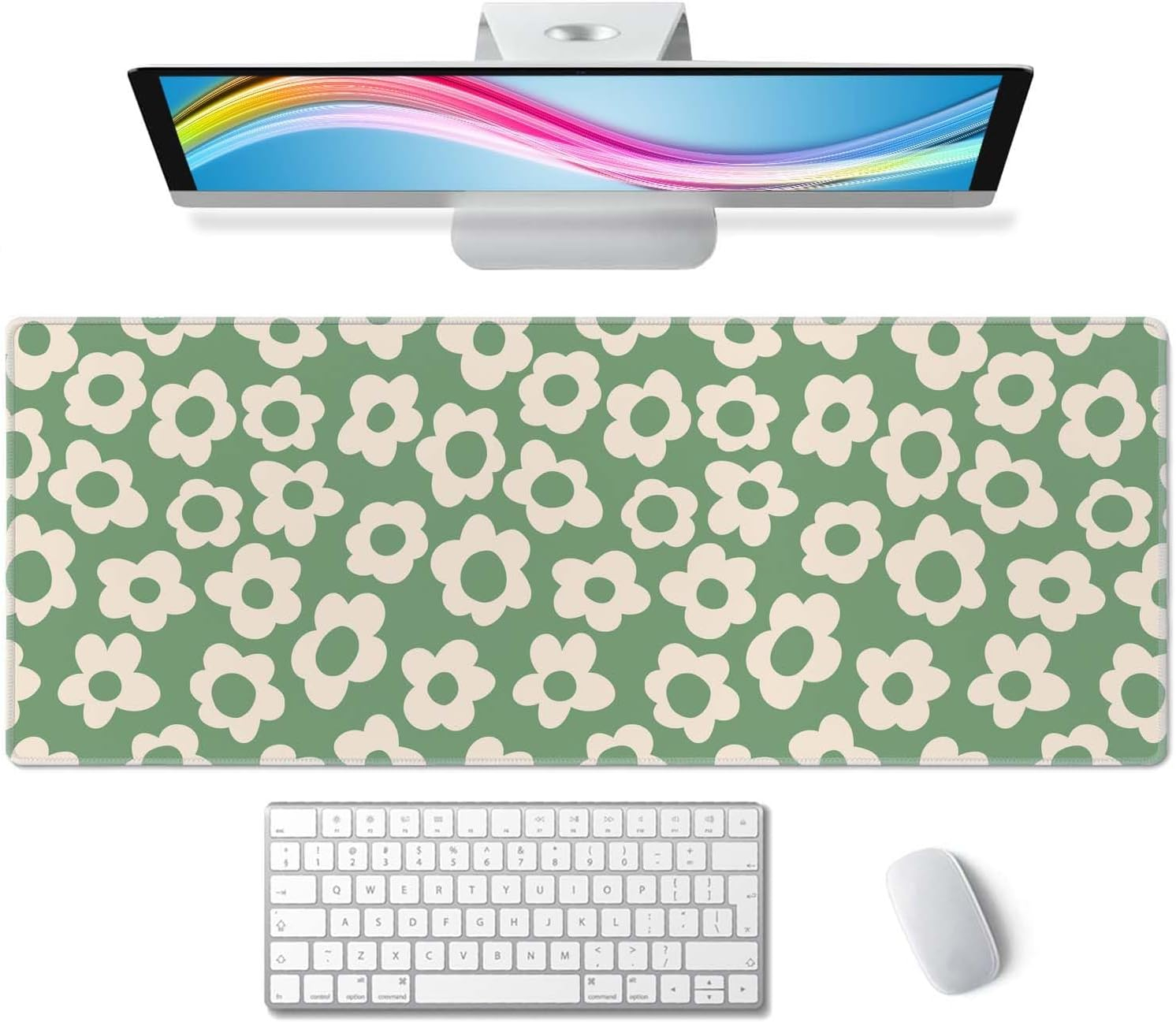 Vintage Groovy Green Flowers Gaming Mouse Pad,Extended Large Mouse Mat Desk Pad,Big Computer Keyboard Desk Pad,Stitched Edges Mousepad,3mm Thick Long Non-Slip Rubber Base Mice Pad, 31.5 X 11.8 Inch