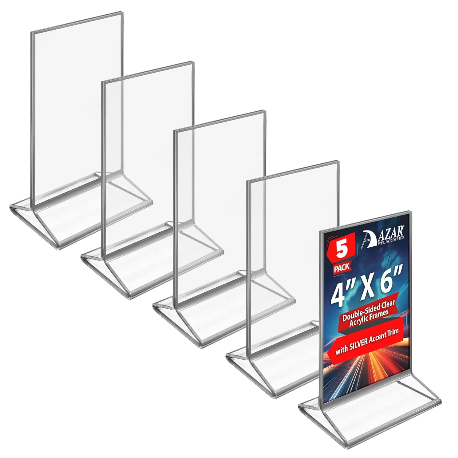 Azar Displays Double-Sided Clear Acrylic Frames with Silver Accent Trim 4" Wide x 6" High, 5 Pack