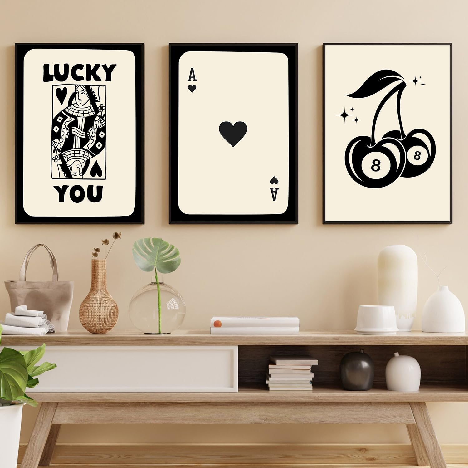 3 Piece Trendy Retro Feeling Lucky You Poster Funky 8 Ball Dice Cherry Canvas Wall Art Queen Poker Prints Poster for Room Aesthetic Girl Dorm Bedroom Wall Decor Trendy Set of 3 Unframed 12x16Inch