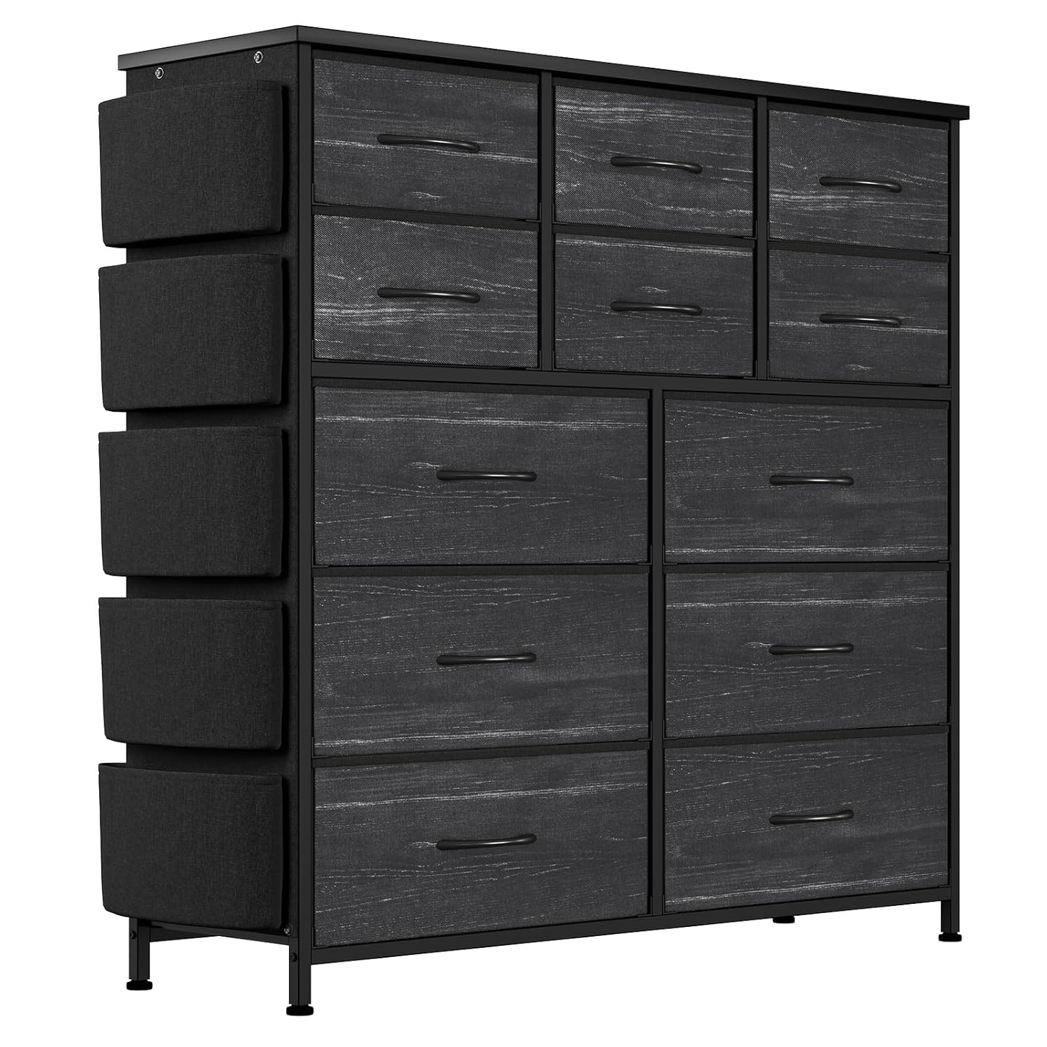 AOWOS Cómoda de 12 Cajones para Dormitorio, Torre de Almacenamiento de Tela, Cómoda Negra con Tapa de Madera, Estructura de Acero Resistente, Unidad Organizadora de Almacenamiento