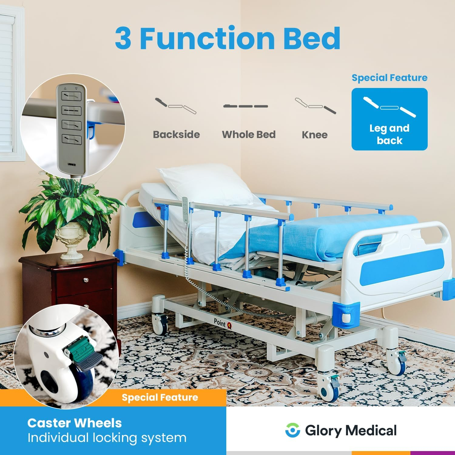 POINT A (PAM-3) Premium 3 Function Full Electric Hospital Bed, Includes 4.7" Memory Mattress (LINAK Motor & Control System and Individual Locking System with 5" casters) Hospital Bed for Home Use